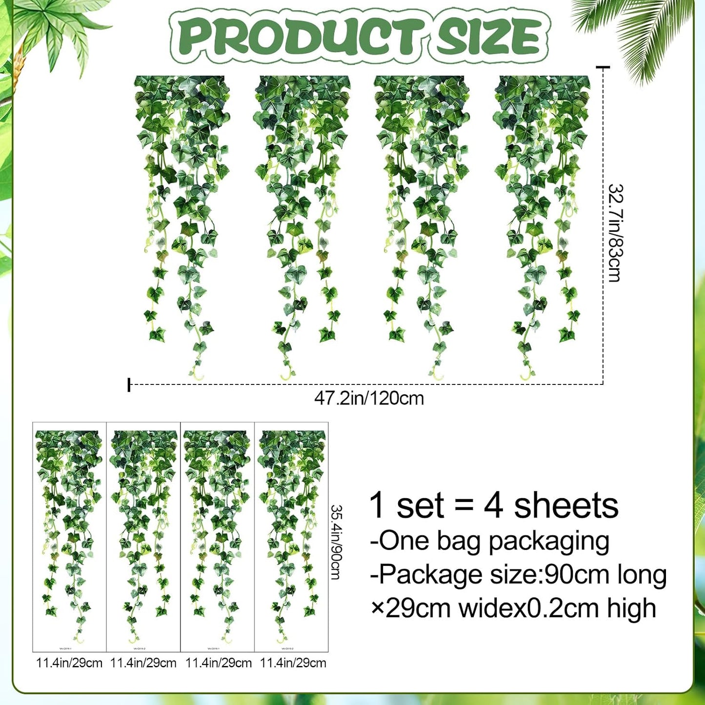 Green Plants Leaves Wall Decals Hanging Vine Wall Stickers Fresh Green Leaf Wall / Green Plant 19