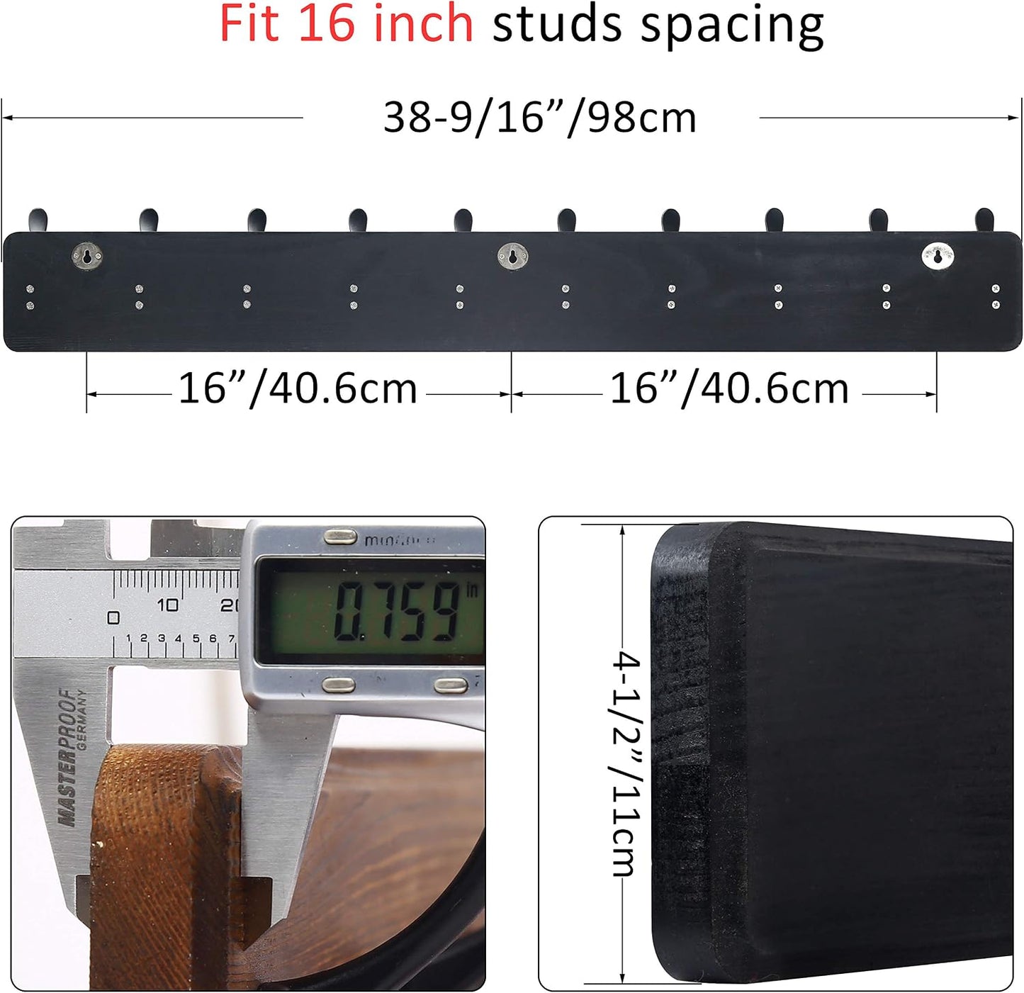 WEBI Coat Rack Wall Mount,38 9/16" Long,10 Tri Hooks for Hanging Coats,16" Hole to Hole,Wood Coat Hooks Wall