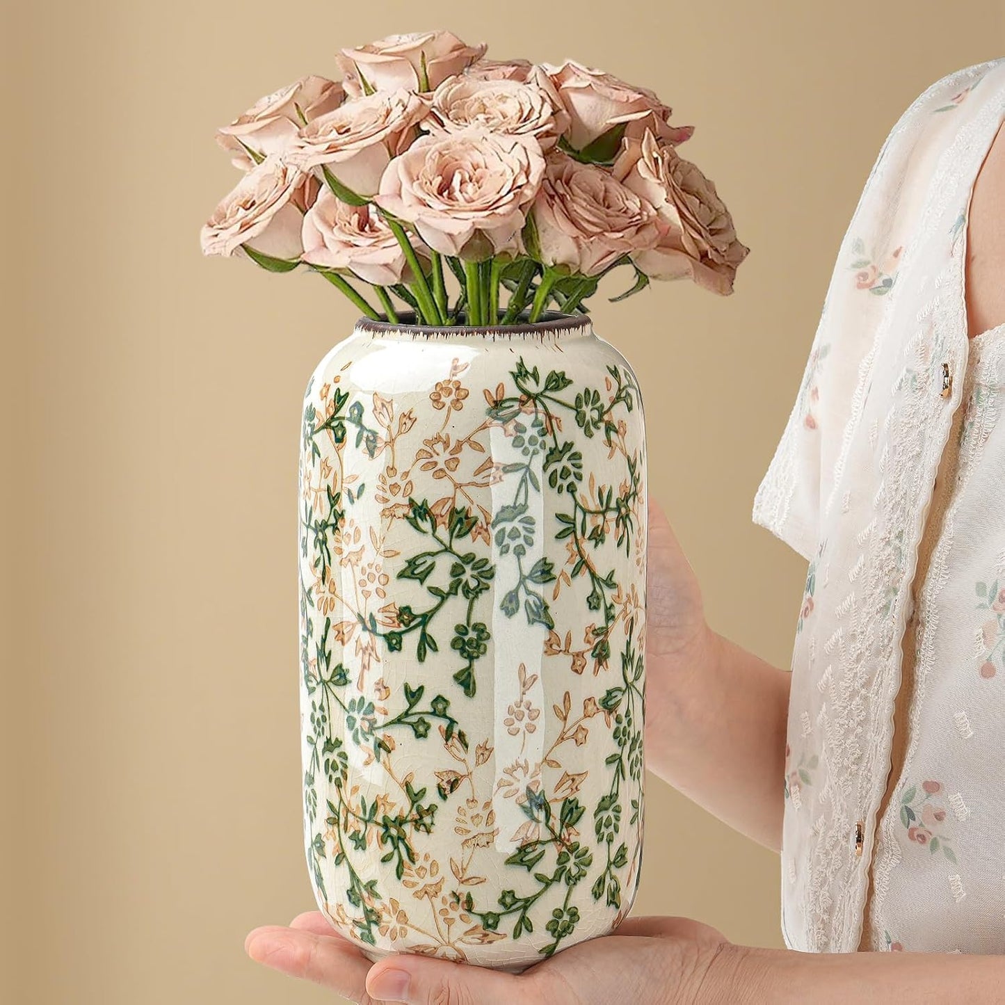 Ceramic Vase for Flowers / Ice Crack Beige