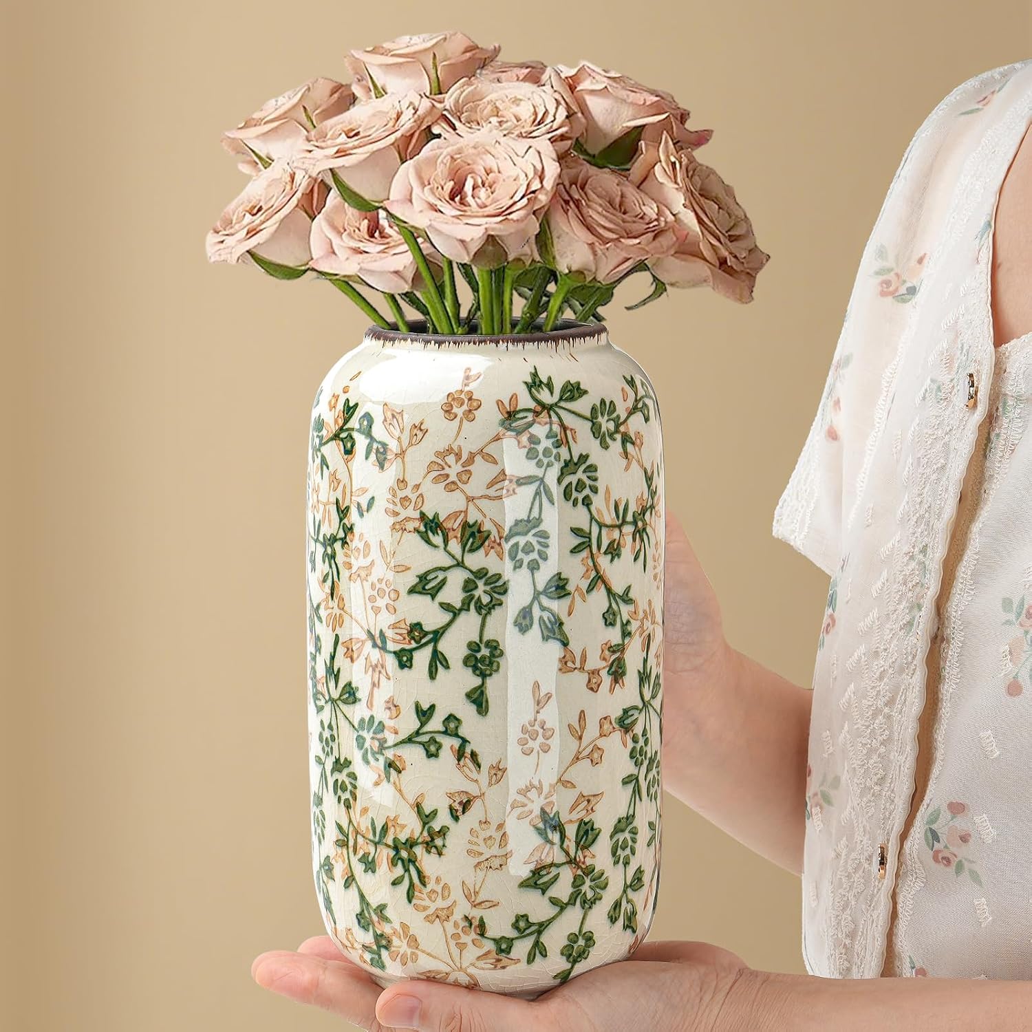 Ceramic Vase for Flowers / Ice Crack Beige