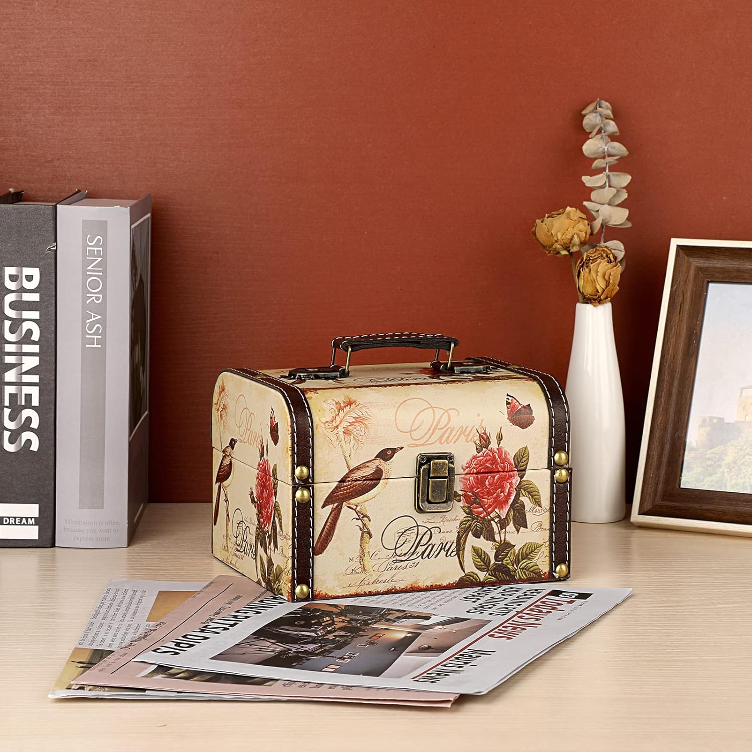 Wooden + PU Leather Storage Box for Jewelry Trinkets / Bird + Flower Pattern