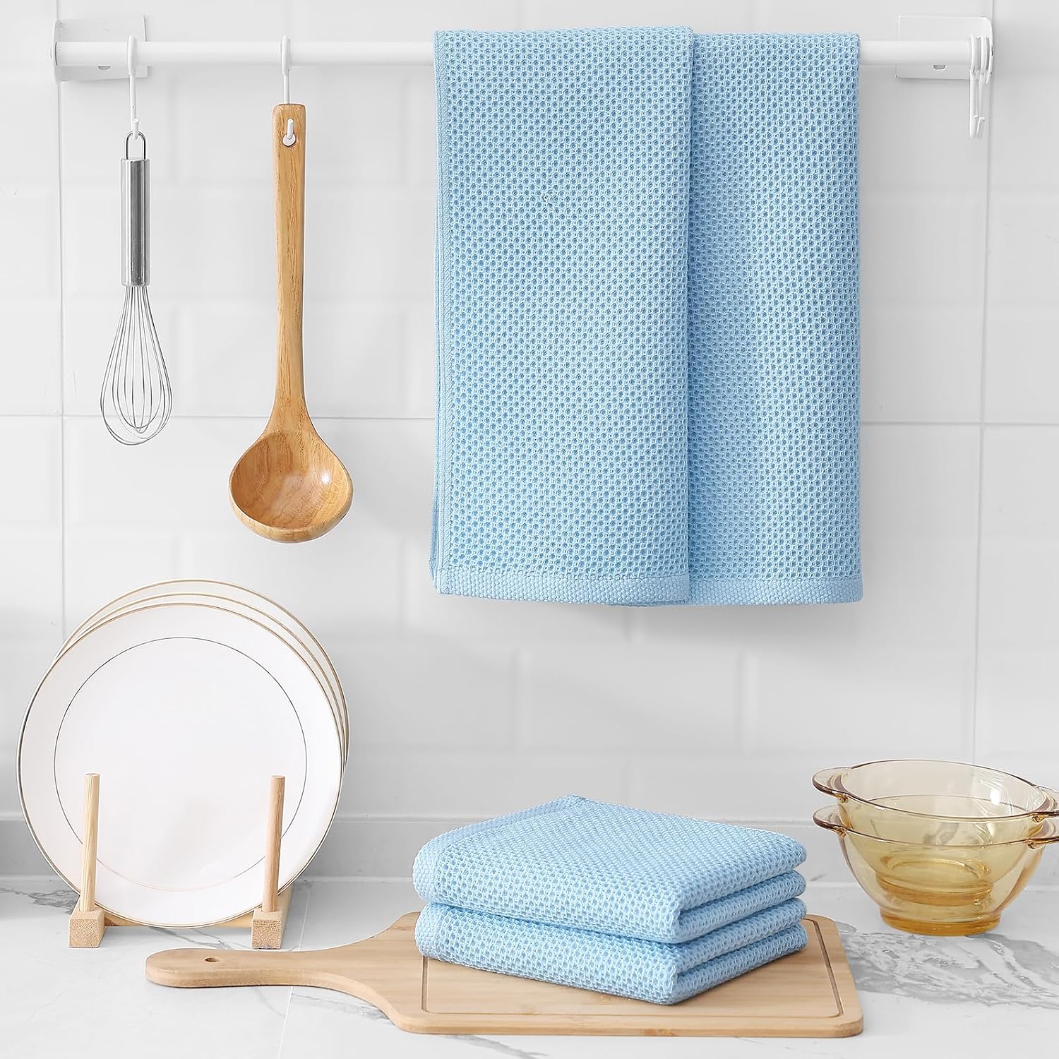 Kitinjoy 100% Cotton Waffle 12-Pack Kitchen Towels, 13" x 28", Sky Blue | Super Soft, Ultra-Absorbent, Fast Drying