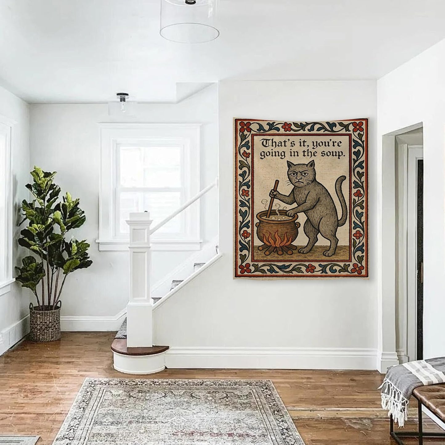 Weird Medieval Cat Woven Tapestry Vintage Medieval Cat Aesthetic / Tapestries / White / 60"L x 40"W