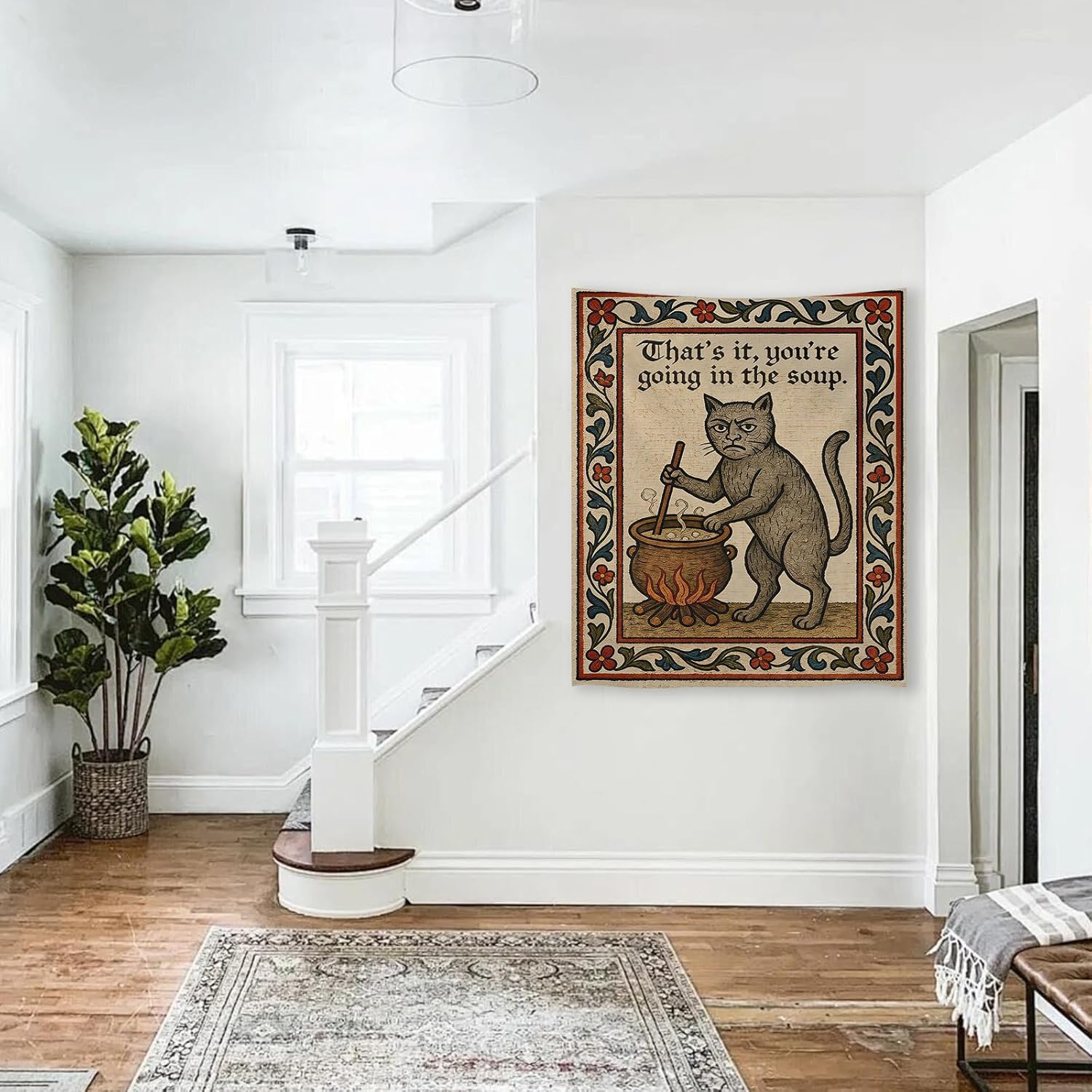 Weird Medieval Cat Woven Tapestry Vintage Medieval Cat Aesthetic / Tapestries / White / 60"L x 40"W