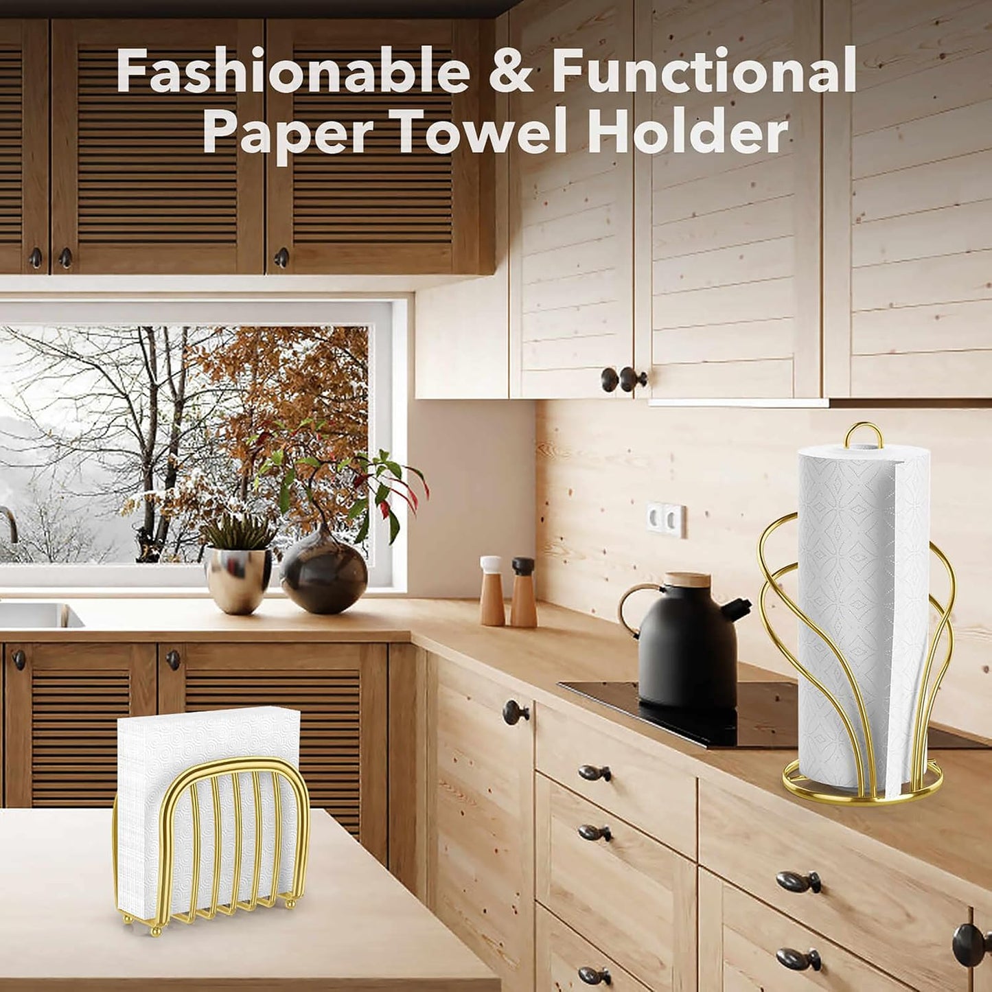 Paper Towel Holder Countertop, Stainless Steel Paper Towel Roll Holder and Paper Napkinholder Set, Standing Paper Towel