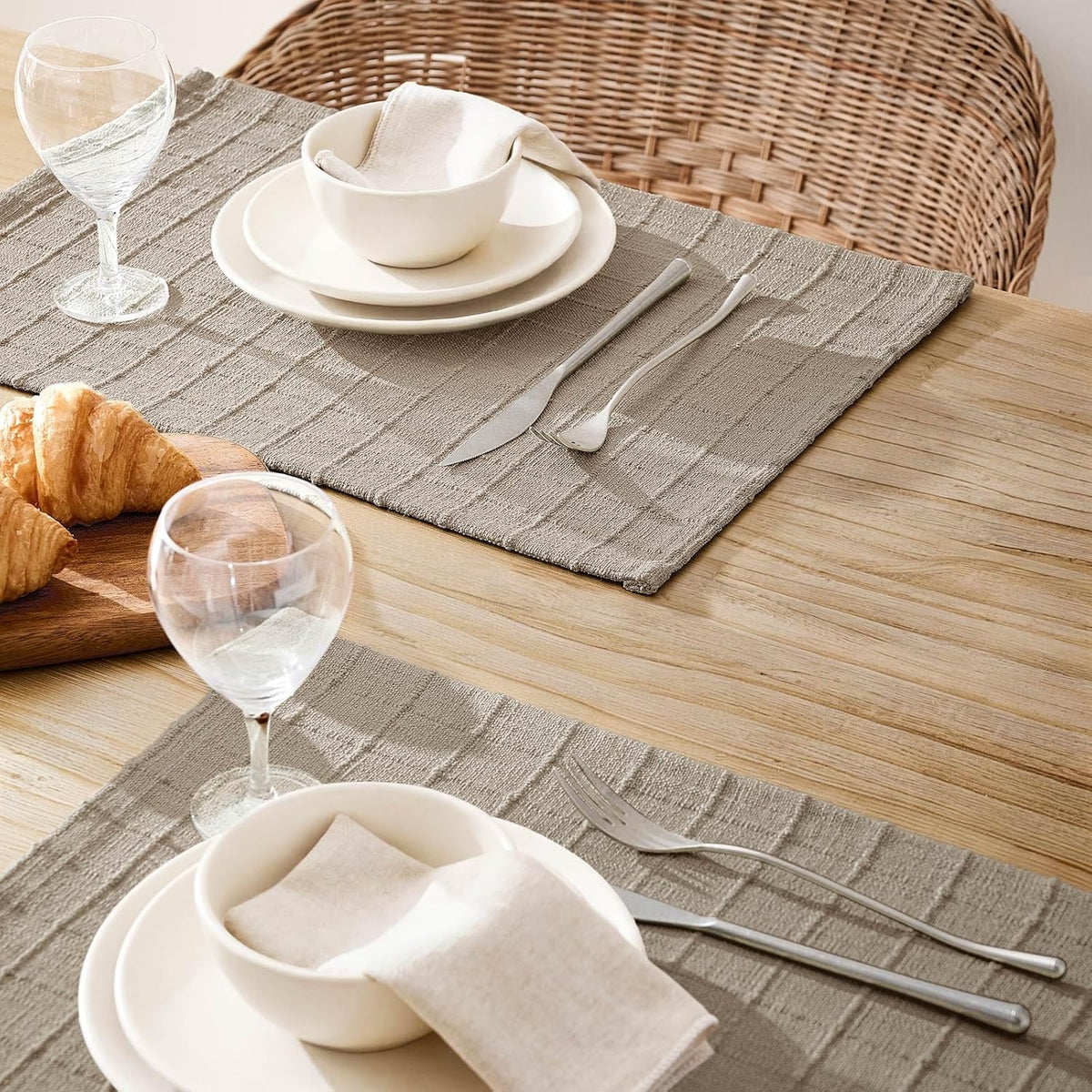 Artisanal Grid Decorative Linen Placemats Set of 6, Oatmeal | Thick Heavy Textured Washed Linen Place Mats 13×19in