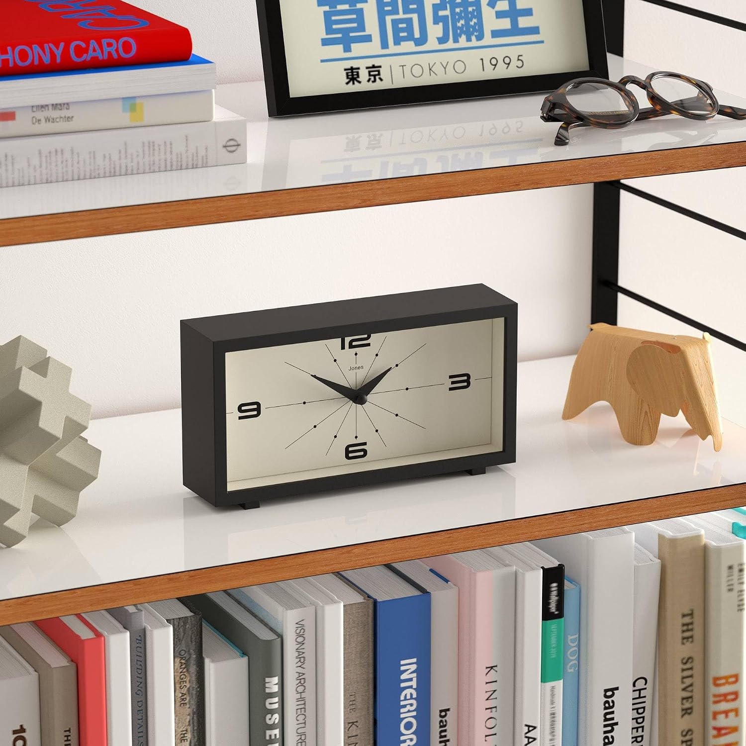 JONES CLOCKS® Odeon Desk Clock | Modern Rectangular Design | Black | Stylish Retro Look for Shelf, Table, Mantel or