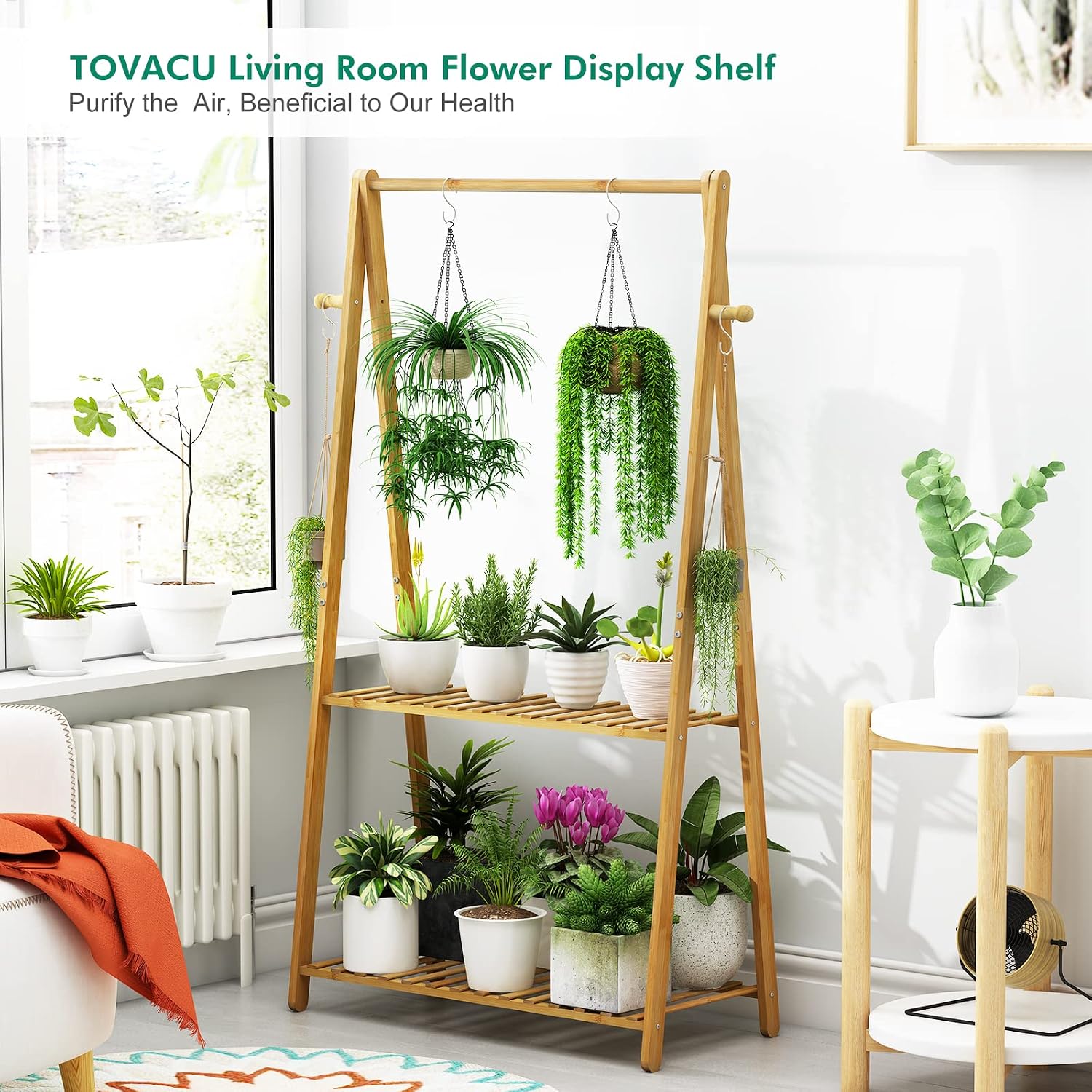 Hanging Plant Shelf Indoor Outdoor Bamboo Wood Plant Flower Stands | 2 Tiered Bamboo Plant Shelves Flower Holder A