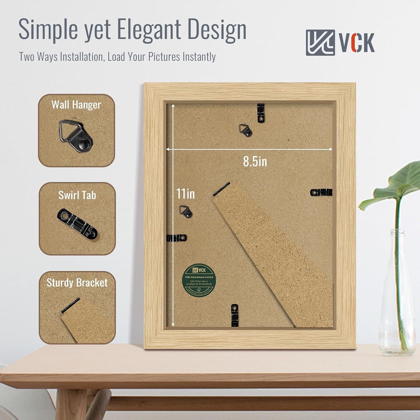 VCK 8.5 by 11 Picture Frame Oak 4 Pack, Wide Thick Wood Border, for Prints | Exclusive Woodgrain, Wall/Tabletop, HD