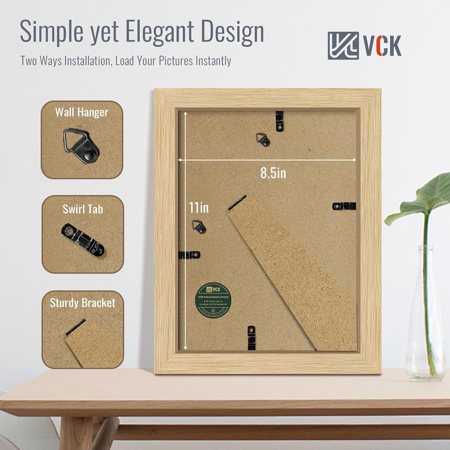 VCK 8.5 by 11 Picture Frame Oak 4 Pack, Wide Thick Wood Border, for Prints | Exclusive Woodgrain, Wall/Tabletop, HD