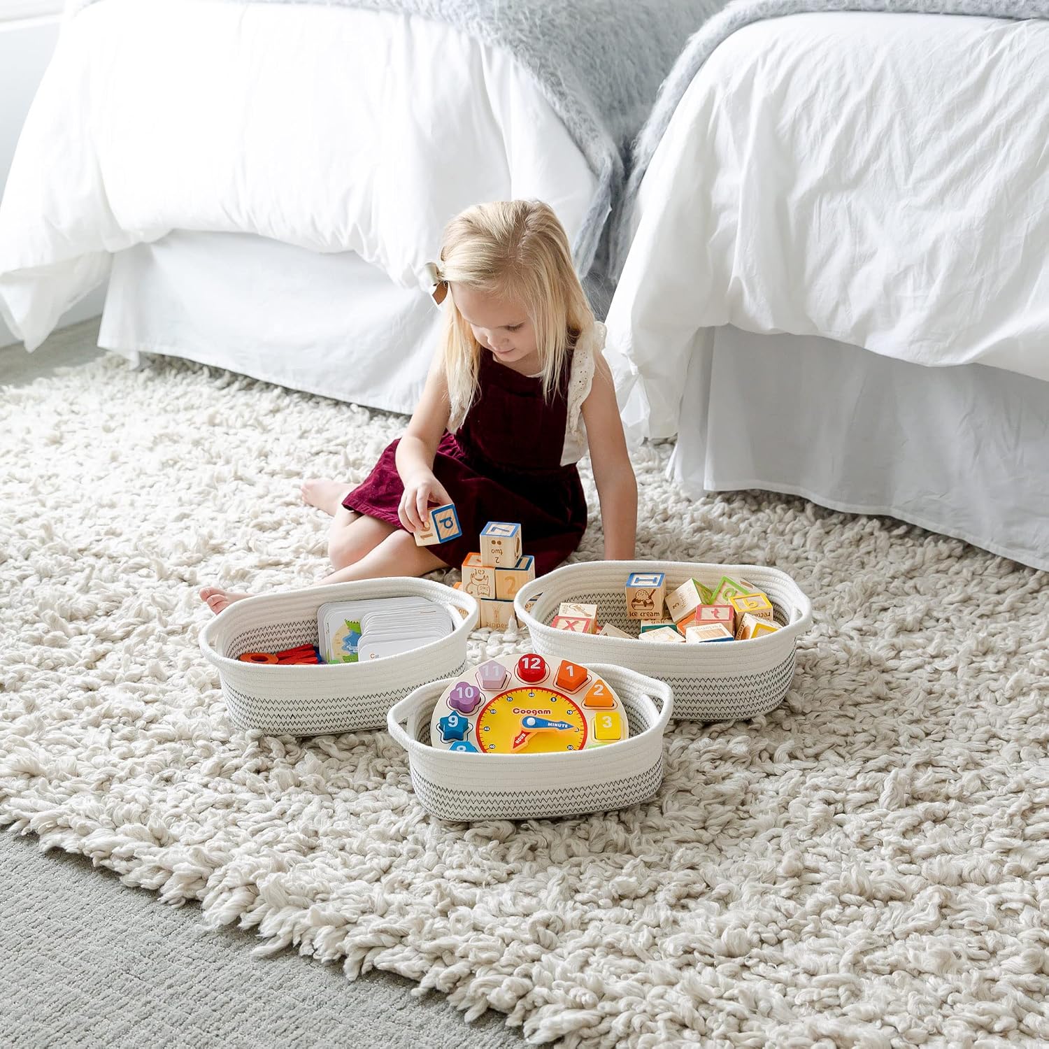 5-Piece Rectangle Storage Basket Set- Natural Cotton Rope Woven Baskets / Black Stitching