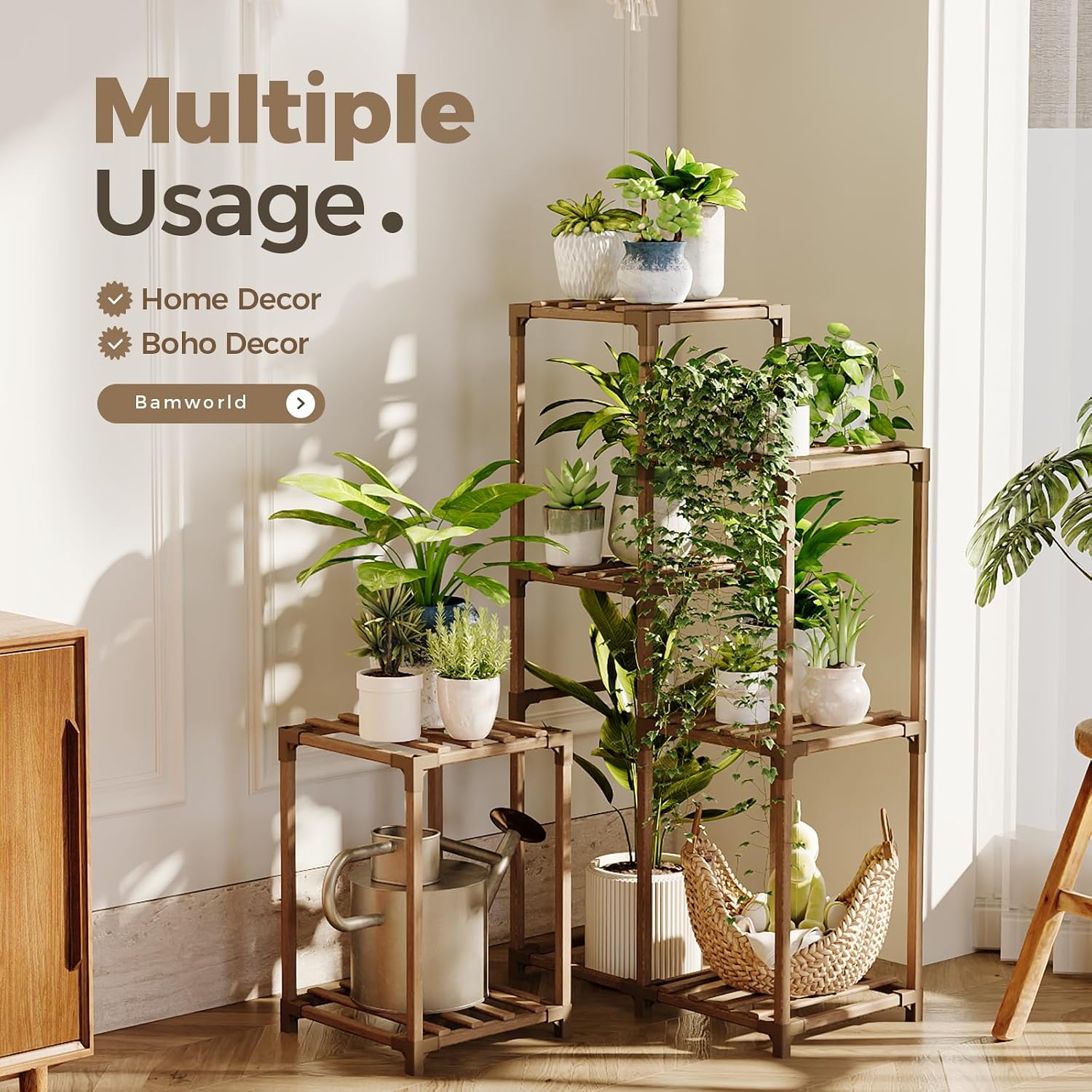 Bamworld Plant Stand Indoor Corner Plant Shelf Wood Plant Holder | for Multiple Plants Tall Flower Stands Plants Table