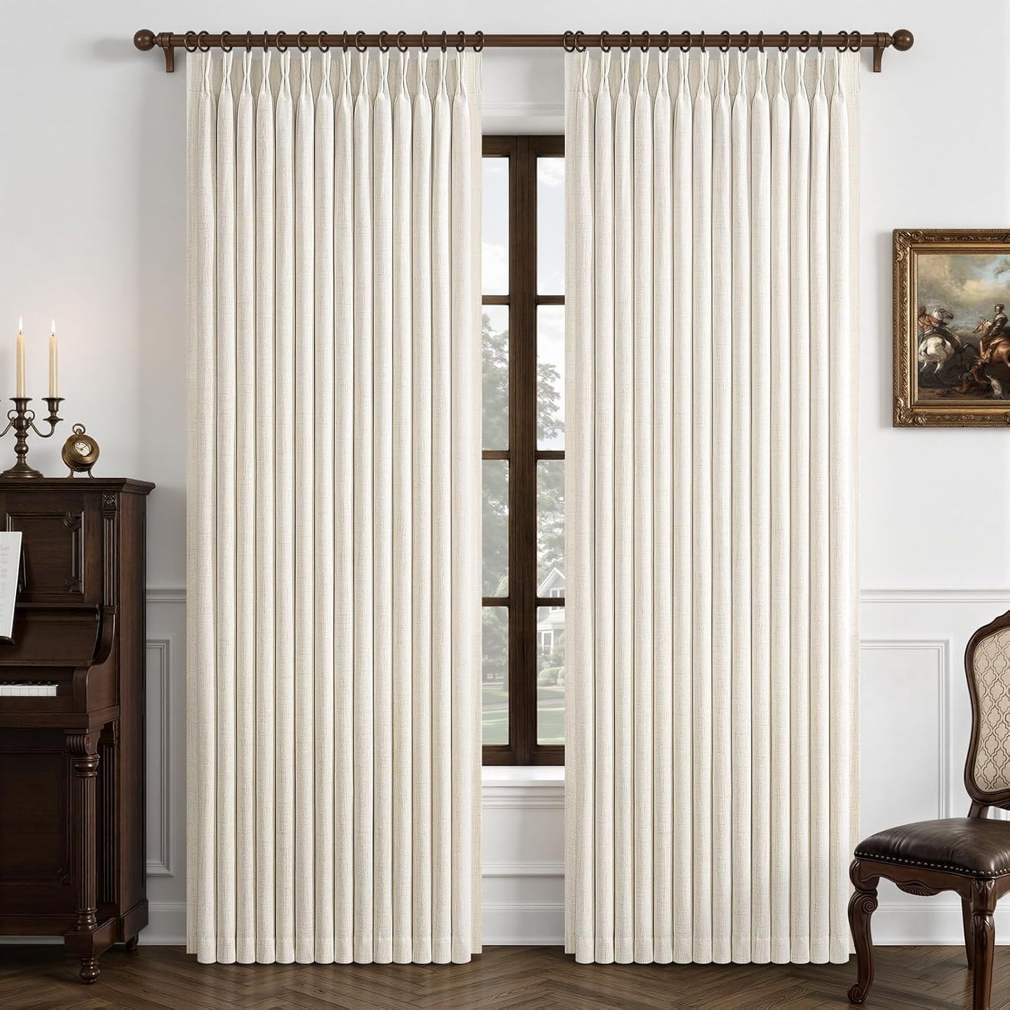 Extra Long 108 Inch Dark Brown Floor to Ceiling Curtains for Living Room, Memory Shape Pinch Pleated Thick Linen Modern
