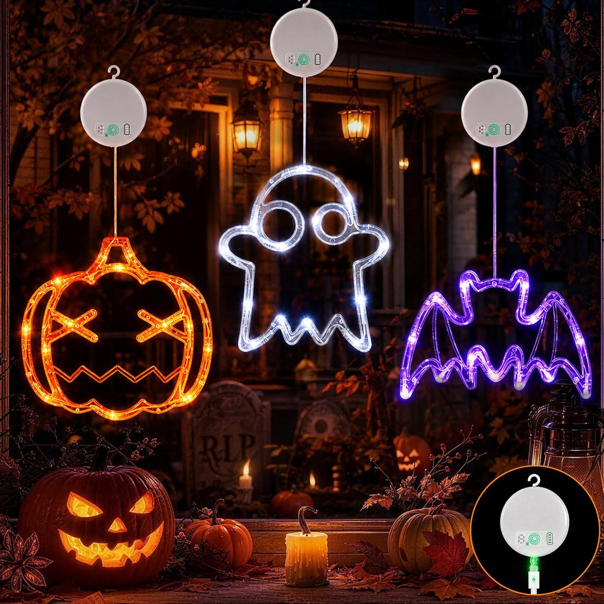 LOLStar USB Rechargeable Pumpkin Ghost Bat Halloween Window Lights, 3 Pack