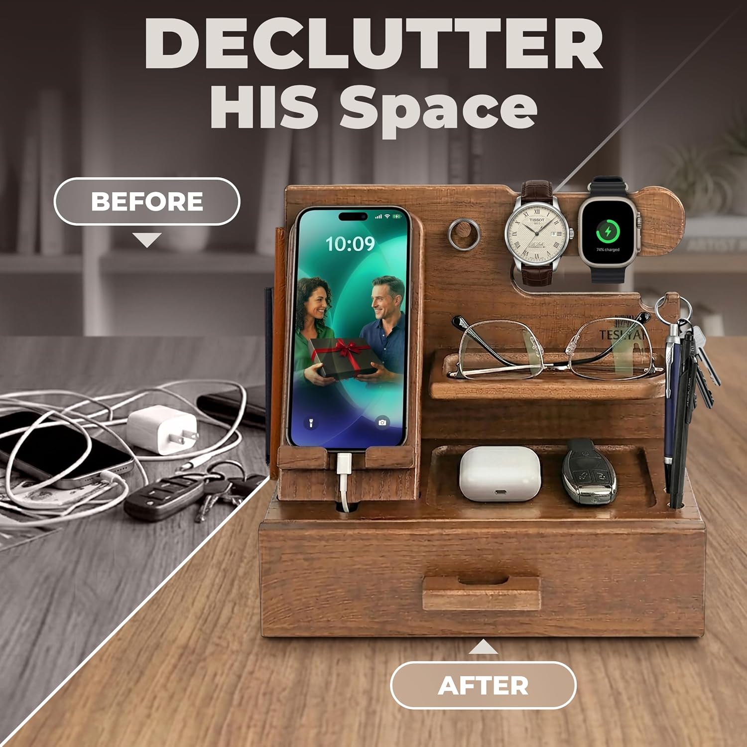 TESLYAR Wood Phone Docking Station with Drawer - Nightstand Organizer - Desk Organizer for Husband - Birthday Gifts for