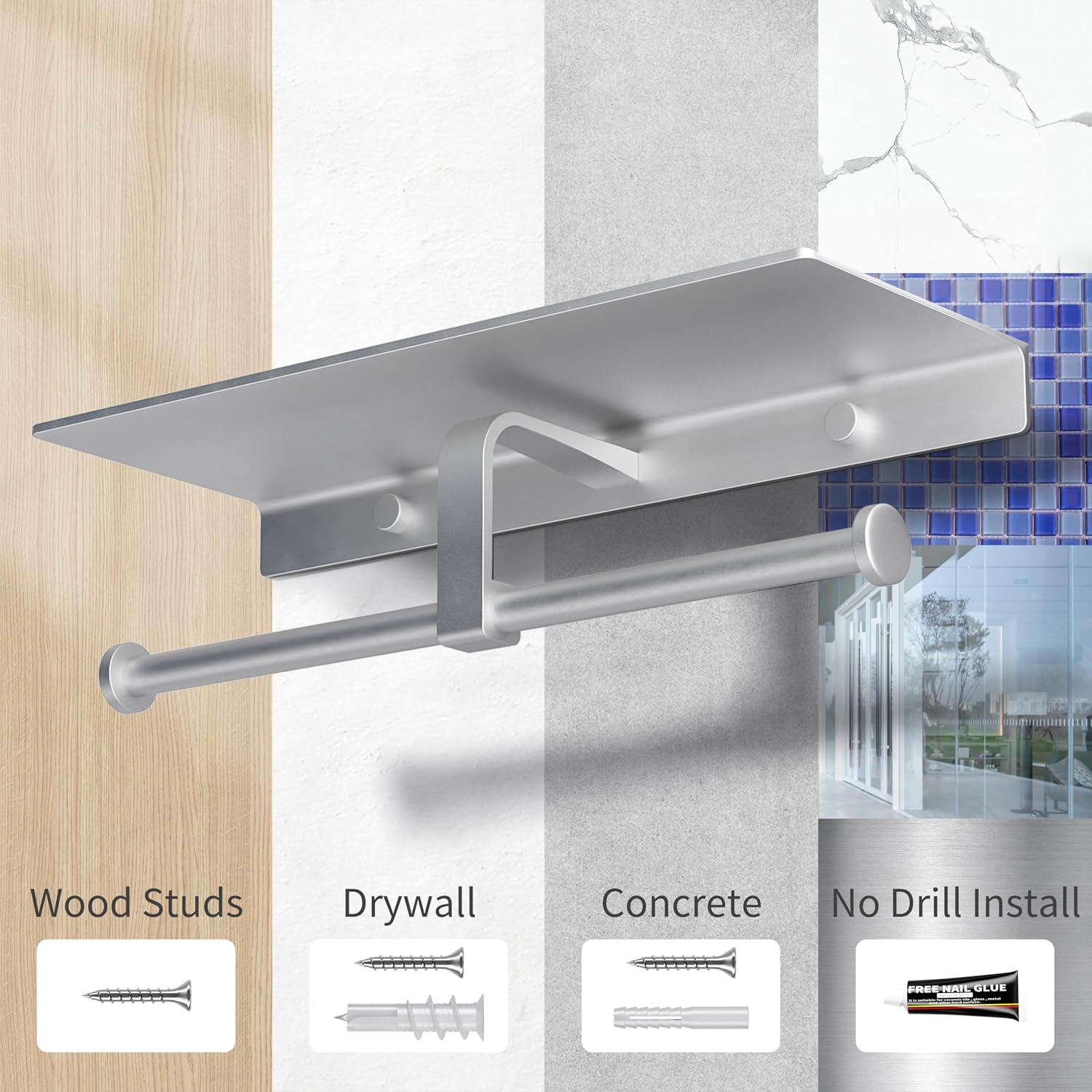 Bathroom Toilet Paper Holder with Shelf, Wall Mount, Double Roll, Silver