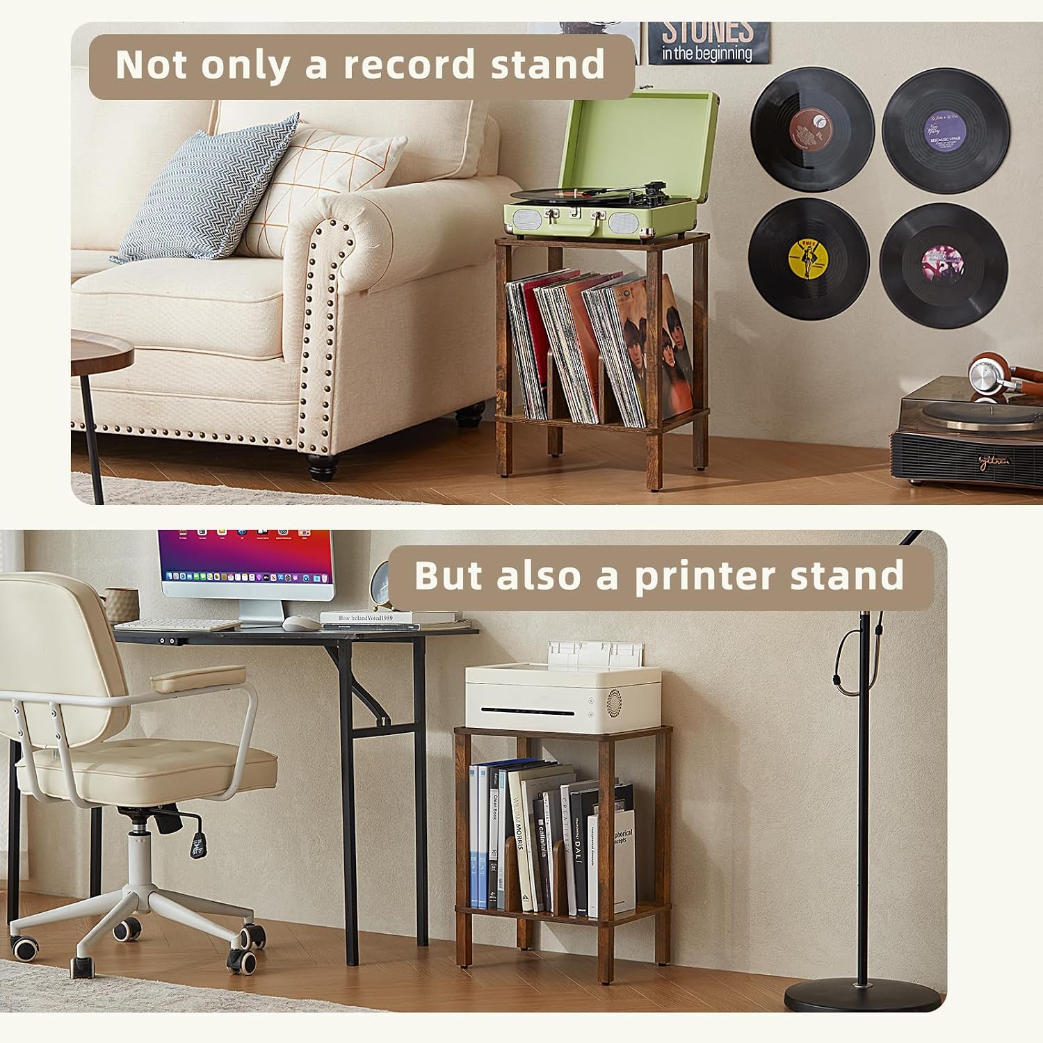 2-Tier Record Player Stand for Vinyl Records Storage End Table | Small Vinyl Record Holder Storage up to 100 Albums
