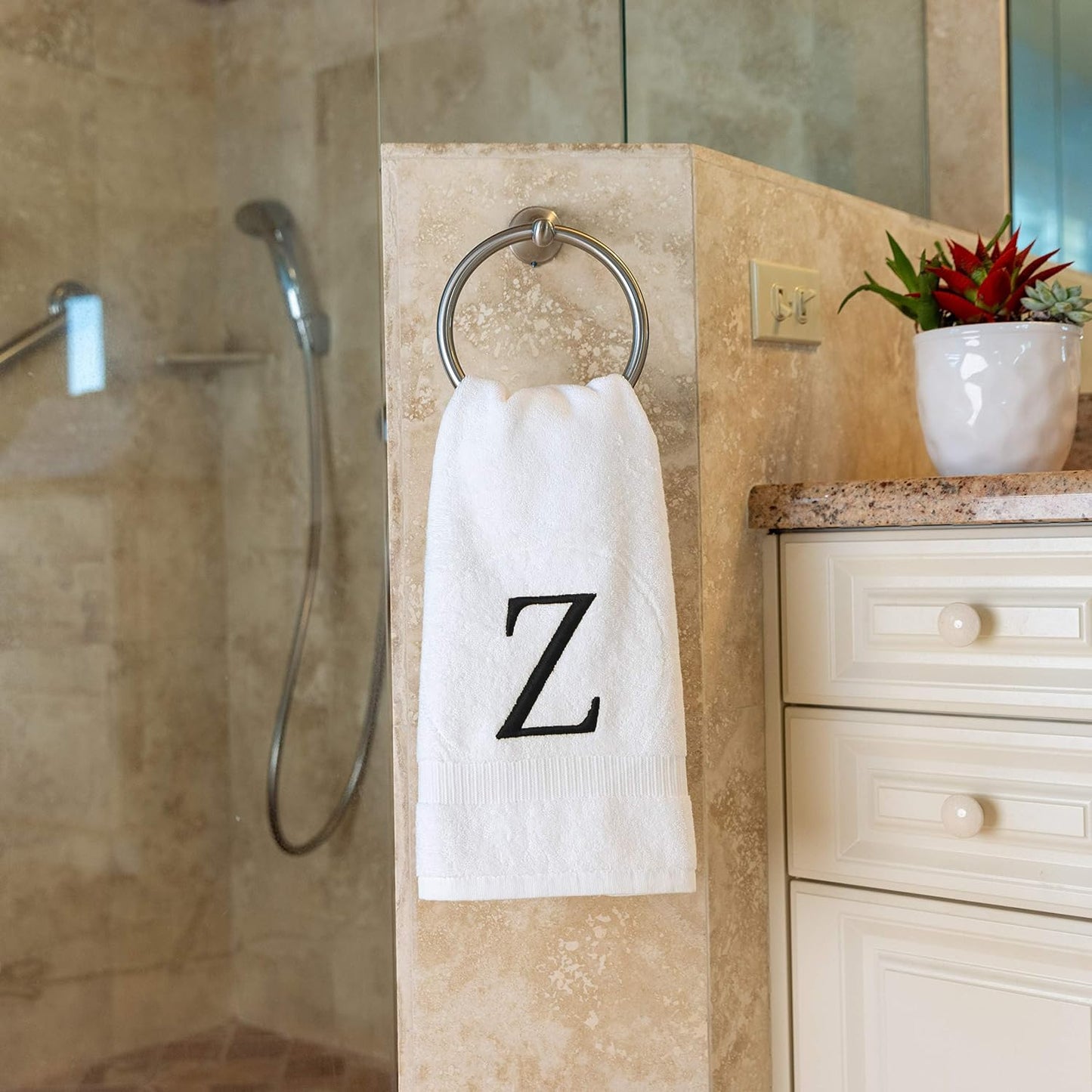 White with Black Monogrammed Hand Towels for Bathroom - Set of 2 Letter Z | Luxury Hotel Quality Initial Towels For