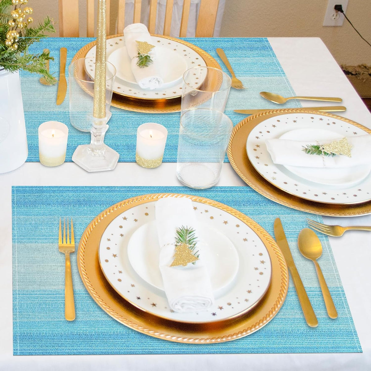 Blue Placemats Set of 8, 12x18 Inch Washable Easy to Clean Heat-Resistant Anti-Skid Table Mats for Holiday Party