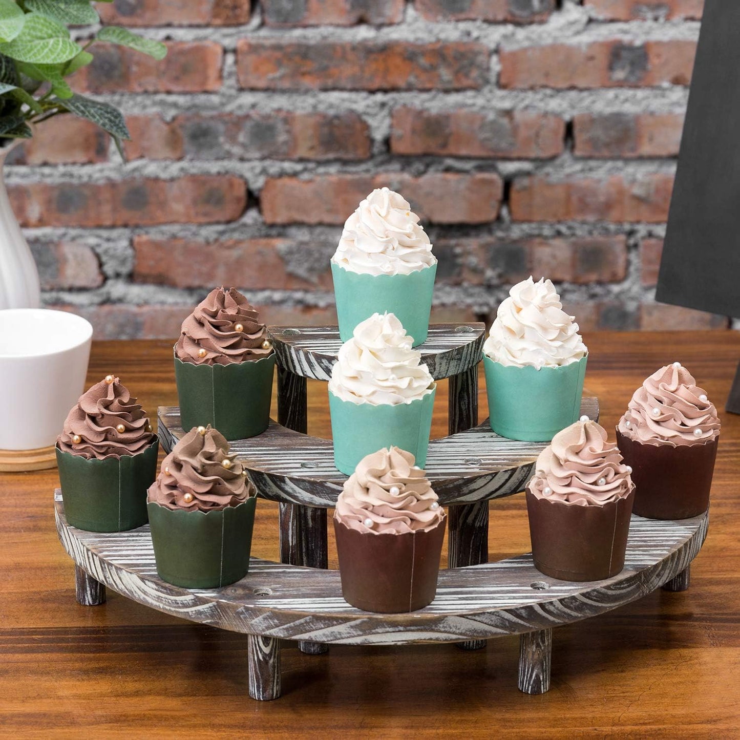 MyGift 3 Tier Torched Wood Cupcake Stand Dessert Display Riser Set of 3 | Torched Wood Finish, Three Level Platform