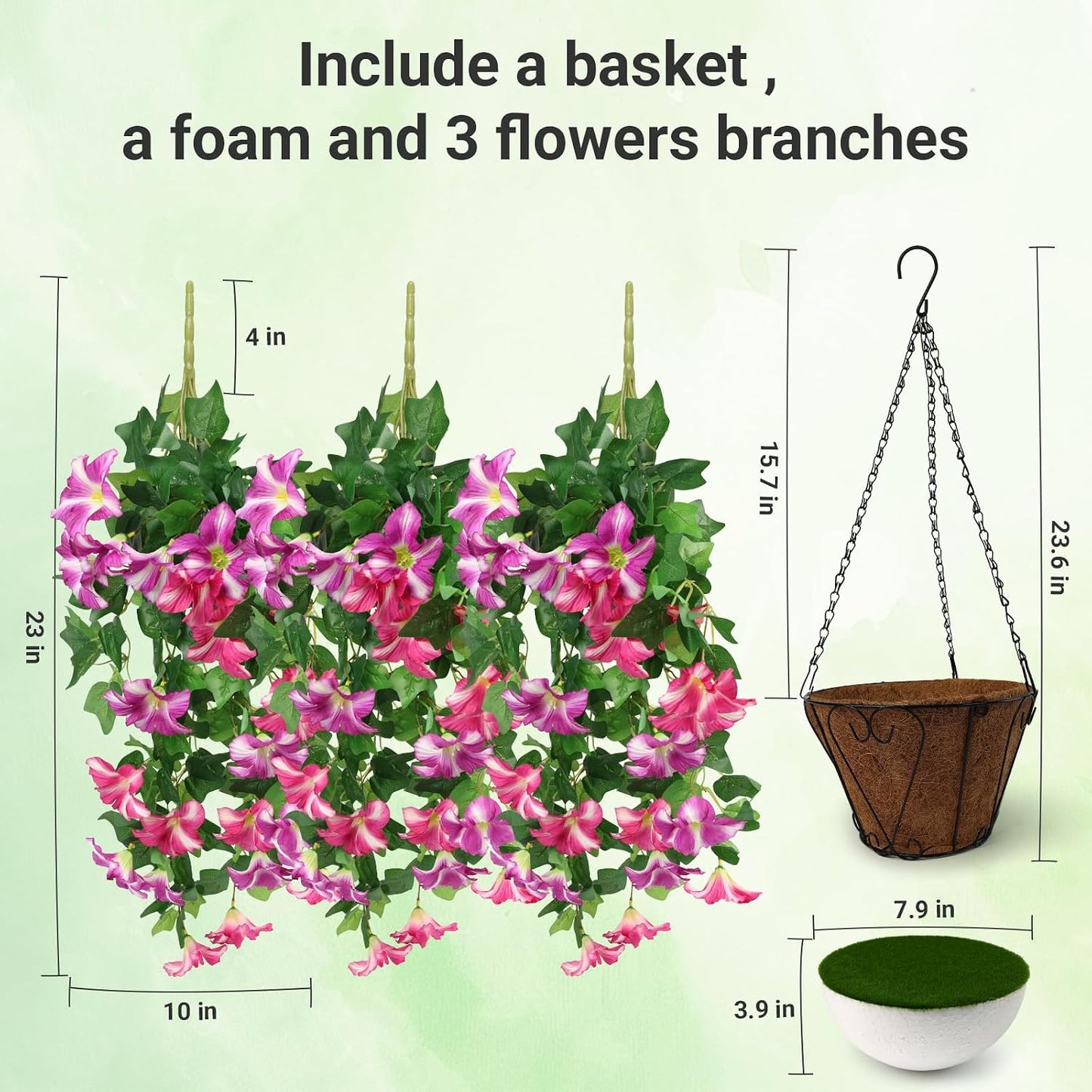 Artificial Hanging Flowers / Pink / with Basket / Set of 3
