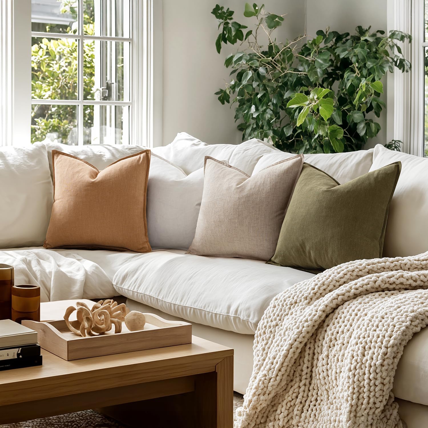 Linen Pillow Covers Decorative Natural Solid Throw Pillow Covers Soft / 18 x 18 / Brown / Set of 4