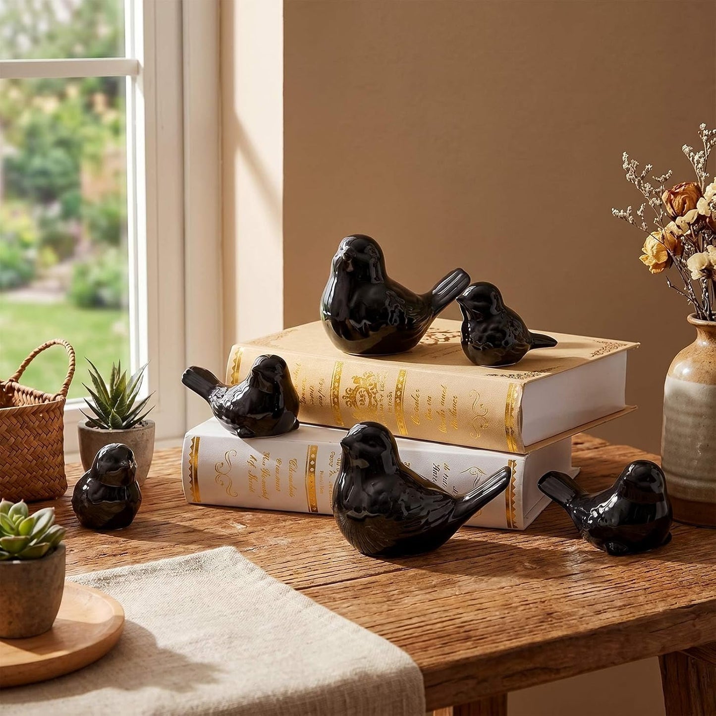 Ceramic Birds Figurines 3 Sizes Home Decor Statue / Black / Set of 6