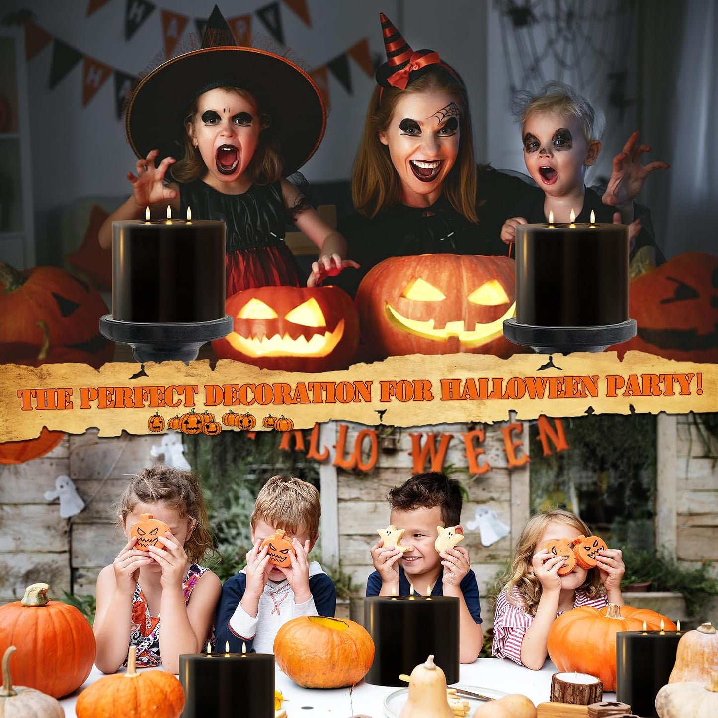 Extra Large Black Flameless Candles with 3 Wicks, 6"x6" Real Wax Halloween Candles with Remote, Battery Operated Candle