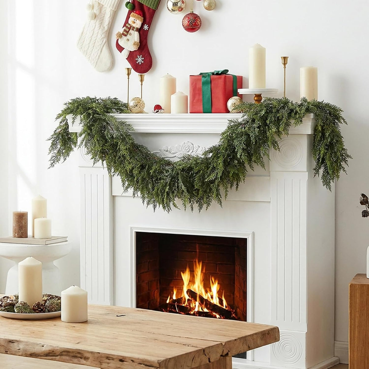 4 Pcs Double Color Christmas Norfolk Pine Garlands for Mantle Fireplace | 6 Ft Real Touch Artificial Cedar Garland