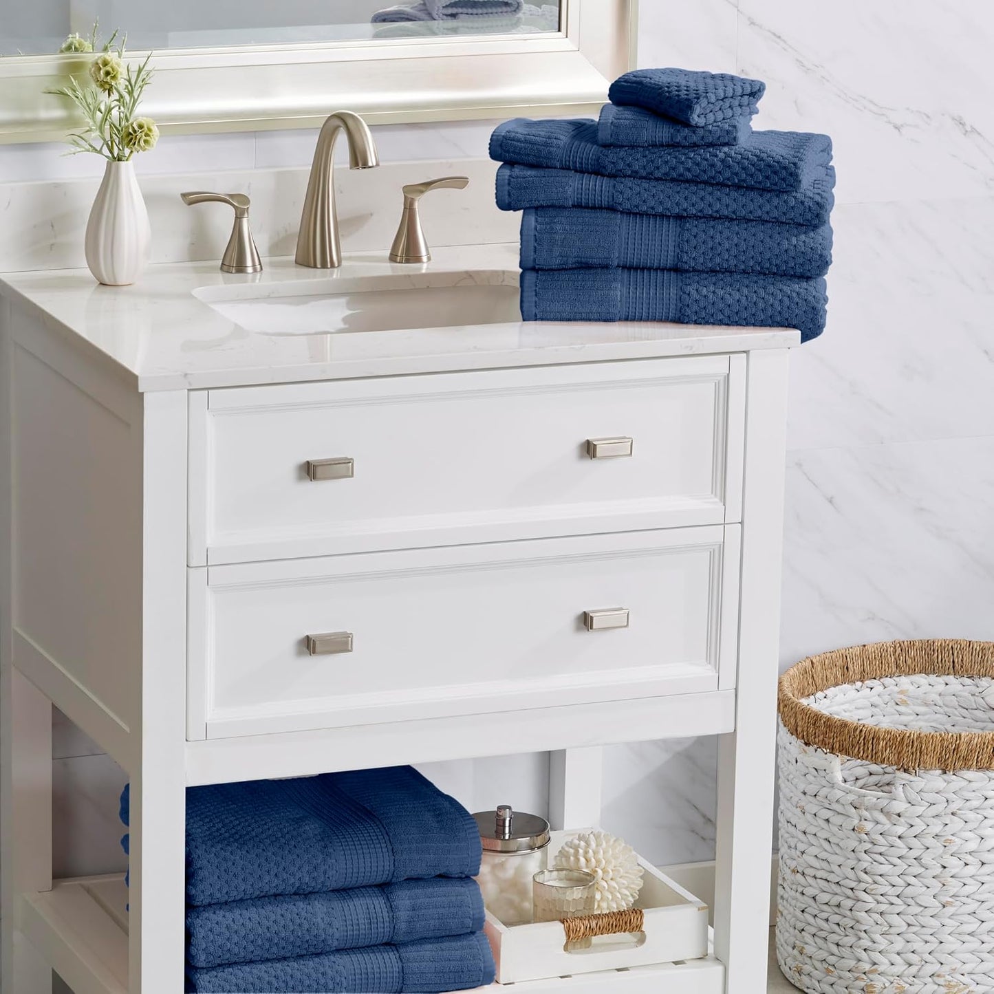 NY Loft 100% Cotton 6-Pack Hand Towel Set | Navy | Oeko-TEX | Quick-Dry | Six 16" x 28" Hand Towels | Super Absorbent