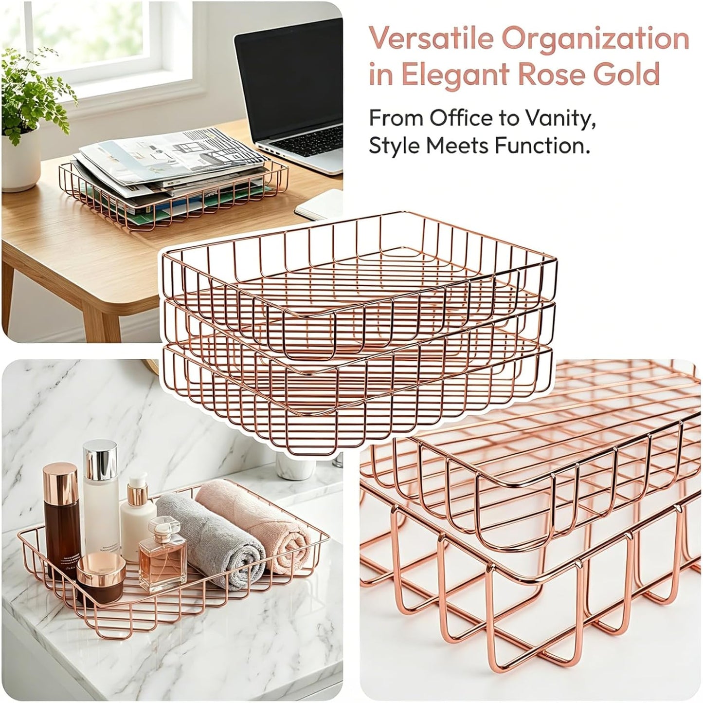Okllen 3 Pack Wire File Tray, Rose Gold Desk Paper Letter Tray, Magazine Files Storage Basket Organizer Bin for Office