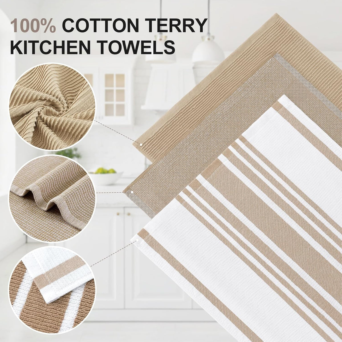 Homaxy Cotton 380 GSM Premium Kitchen Towels, 18"x 28", 9 Pack, Khaki | Soft and Absorbent Terry Dish Towels