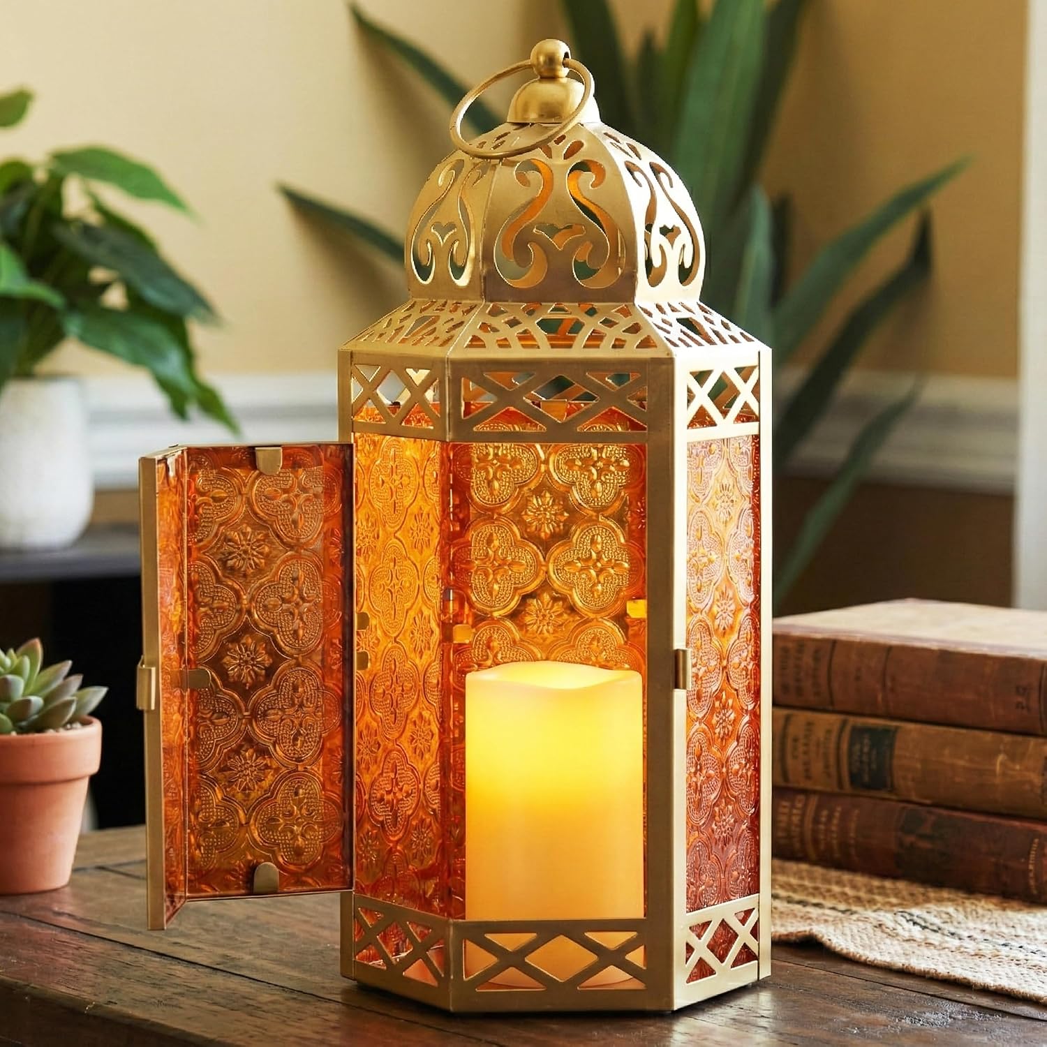 VELA LANTERNS 6-Pack Gold Metal Moroccan Decorative Candle Lantern Holder for Hanging or Table Centerpieces, Exotic