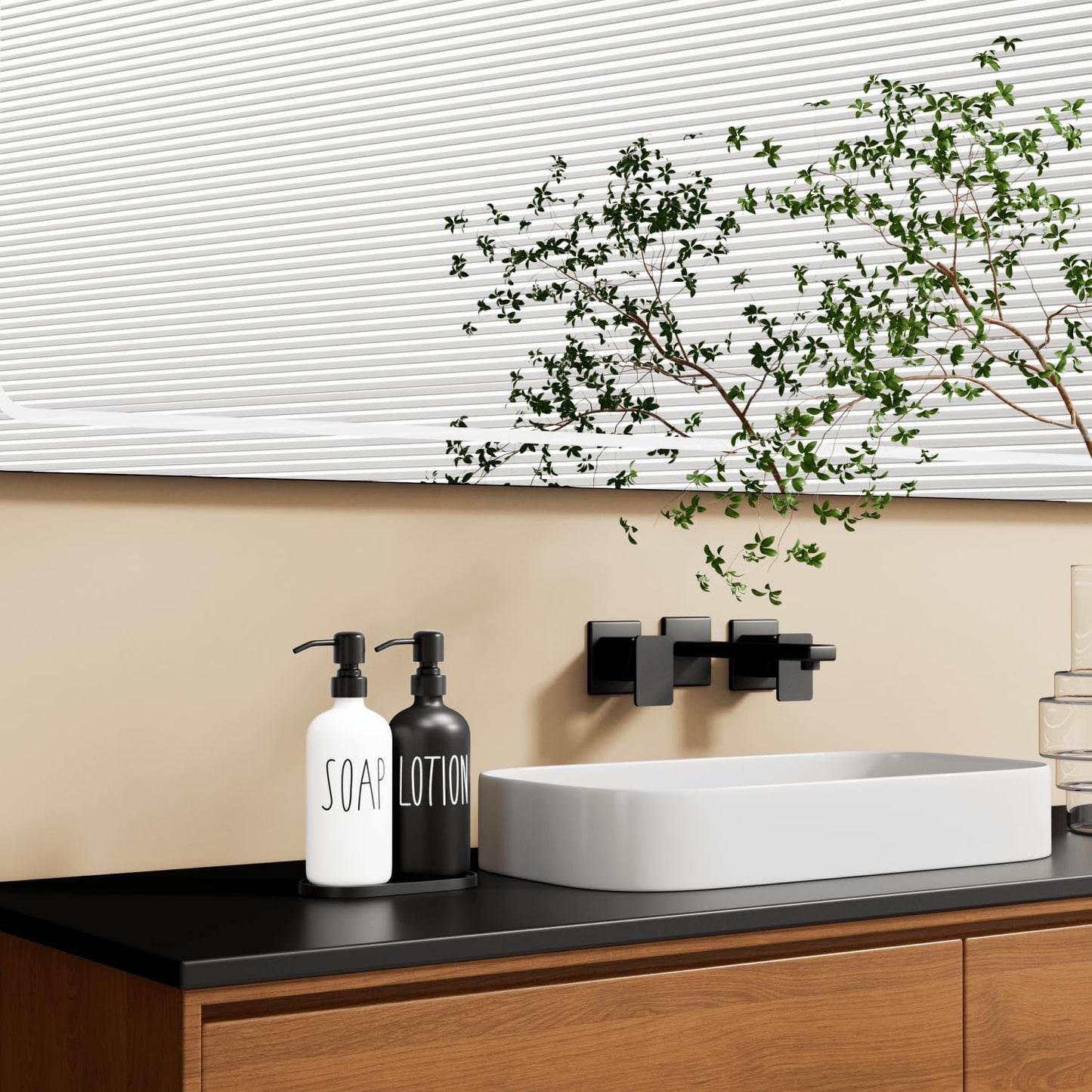 MOMEEMO Glass Soap Dispenser with Stainless Steel Pump, Contains Lotion Dispenser, Hand Soap Dispenser & Tray. (Black &