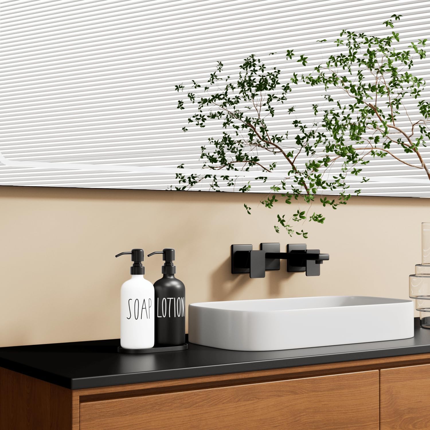 MOMEEMO Glass Soap Dispenser with Stainless Steel Pump, Contains Lotion Dispenser, Hand Soap Dispenser & Tray. (Black &