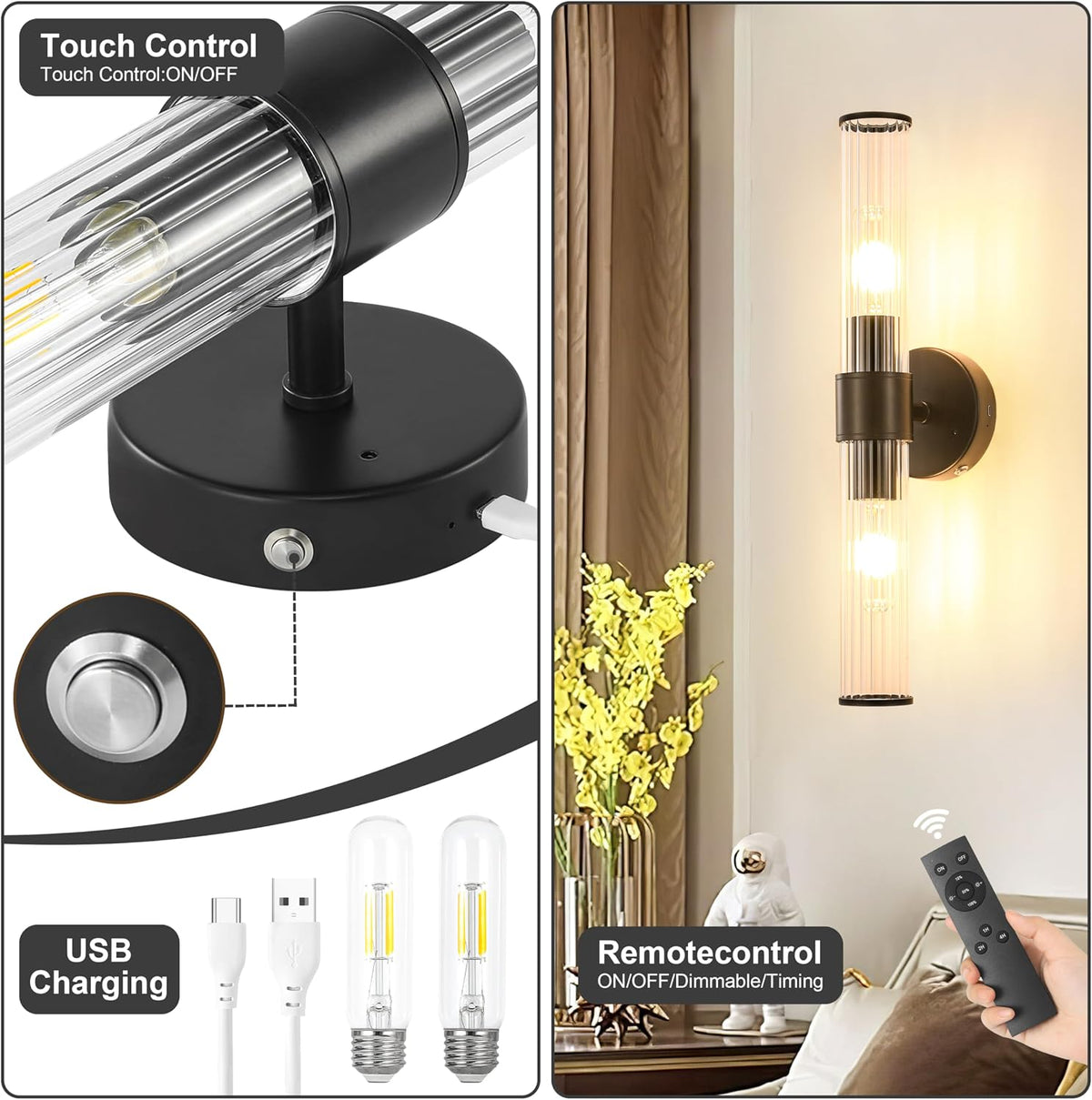 Morauroral Black Battery Operated Wall Sconces Set of 2 | Rechargeable Wall Lights with Remote, 20 Inch Modern Wireless