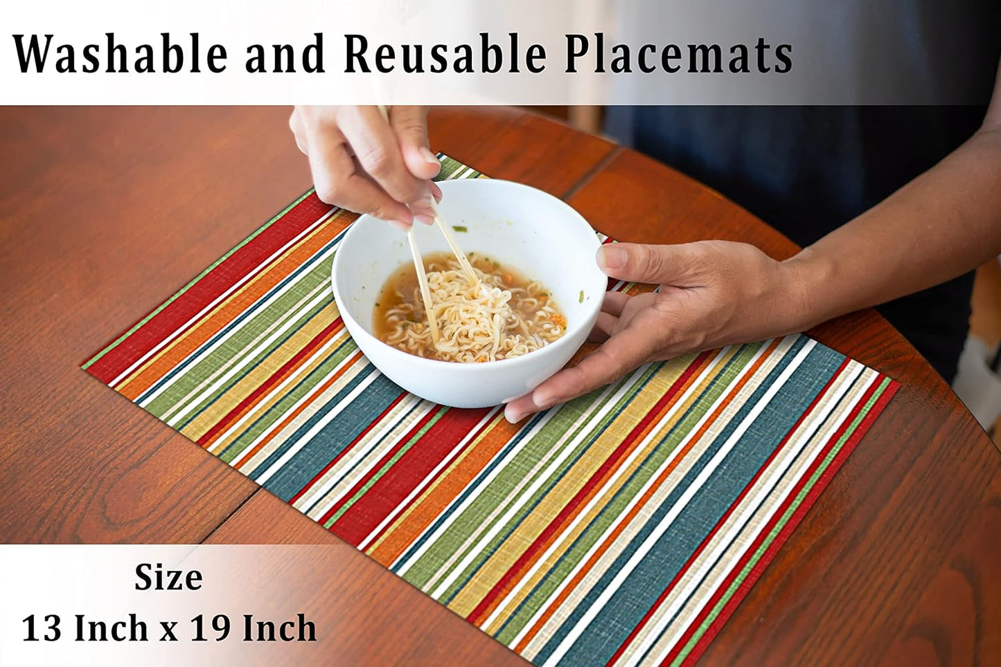 Ruvanti Placemats Set of 6, 100% Cotton Place Mats of 13"x19", Multi Stripe | Heat, Stain resistant, Washable