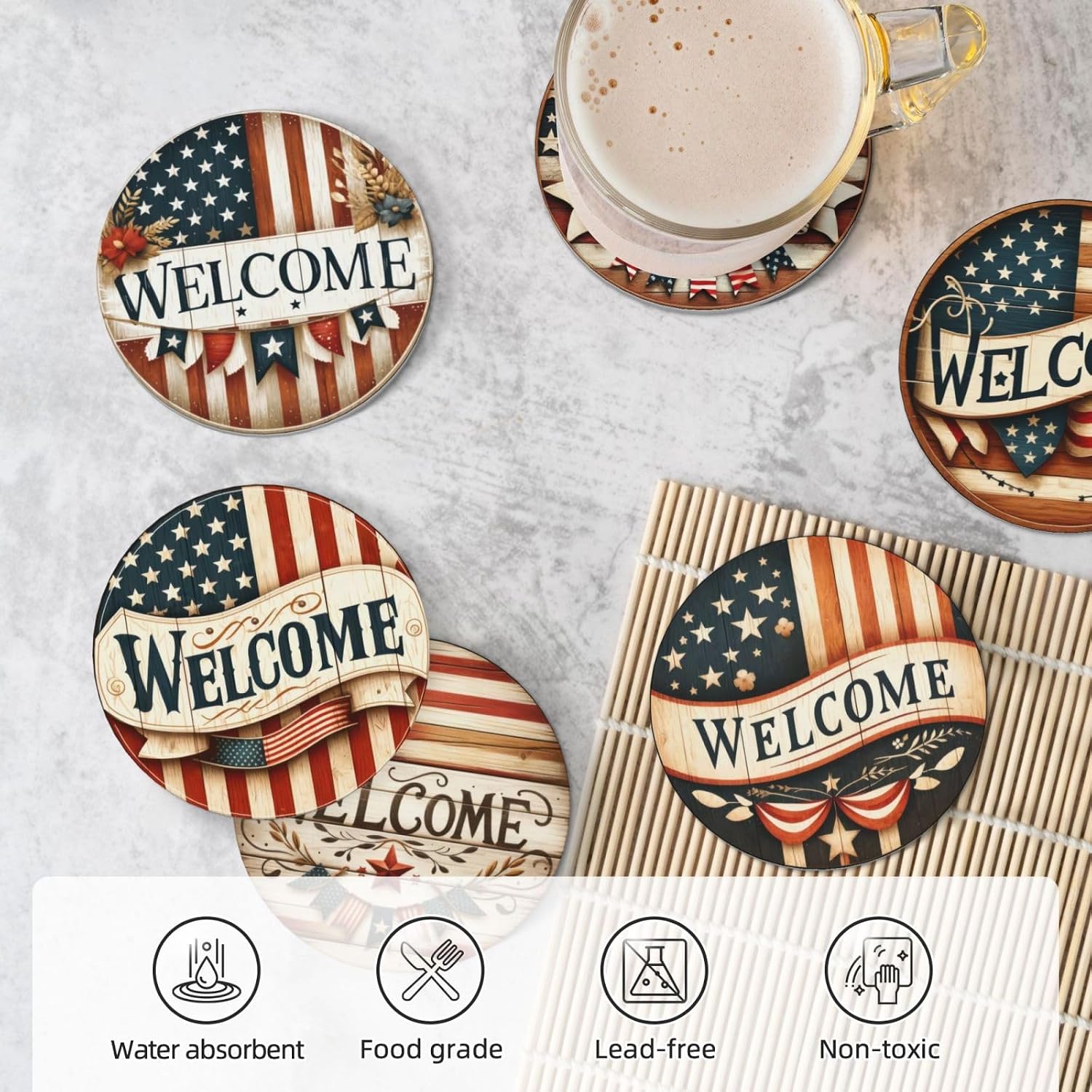 Holder / USA Flag Ceramic Drink Coaster / American Flag / Set of 6