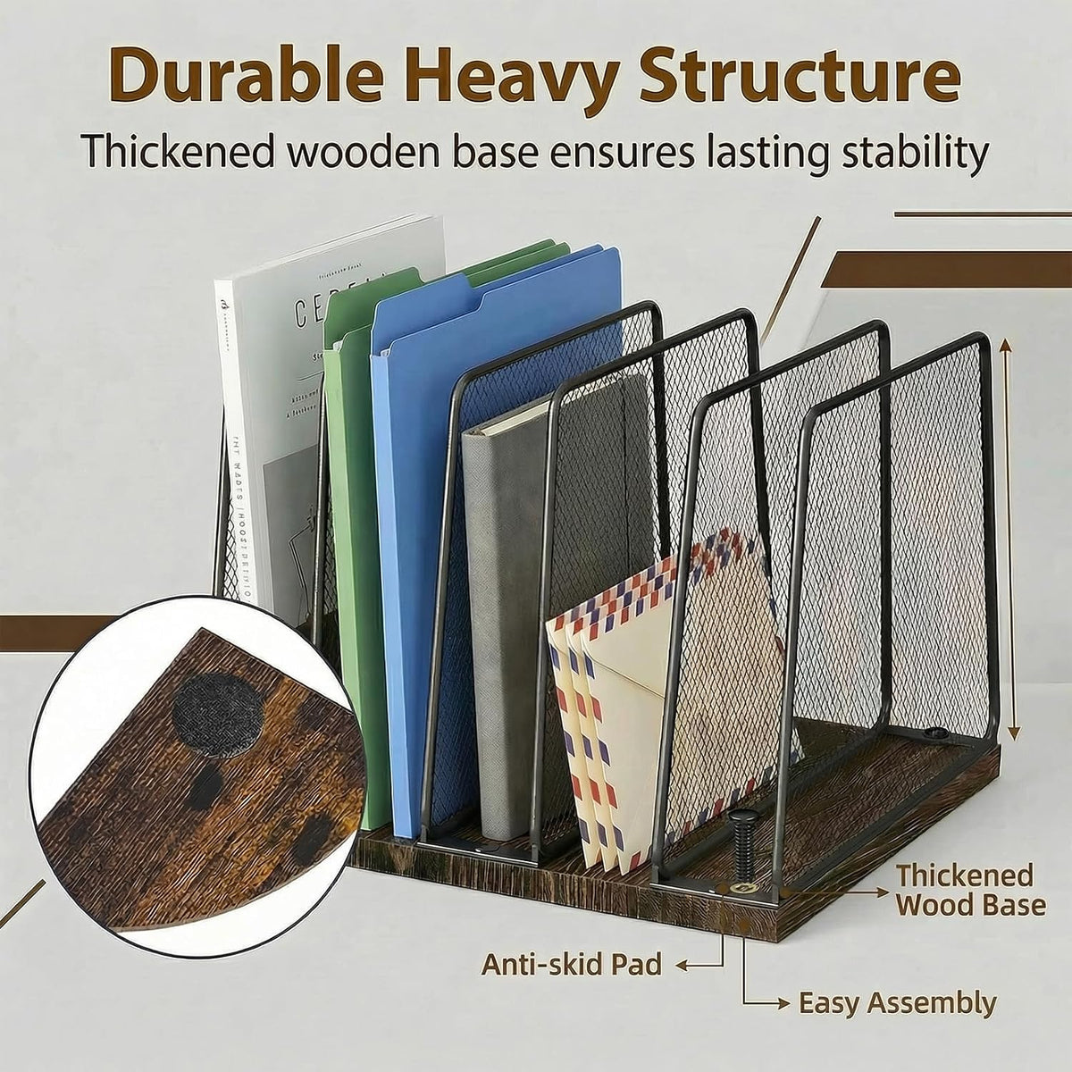 5-Section Vertical File Organizer for Desk, Sturdy Wood Base & Metal Mesh Desktop File Holder, Upright Paper Folder
