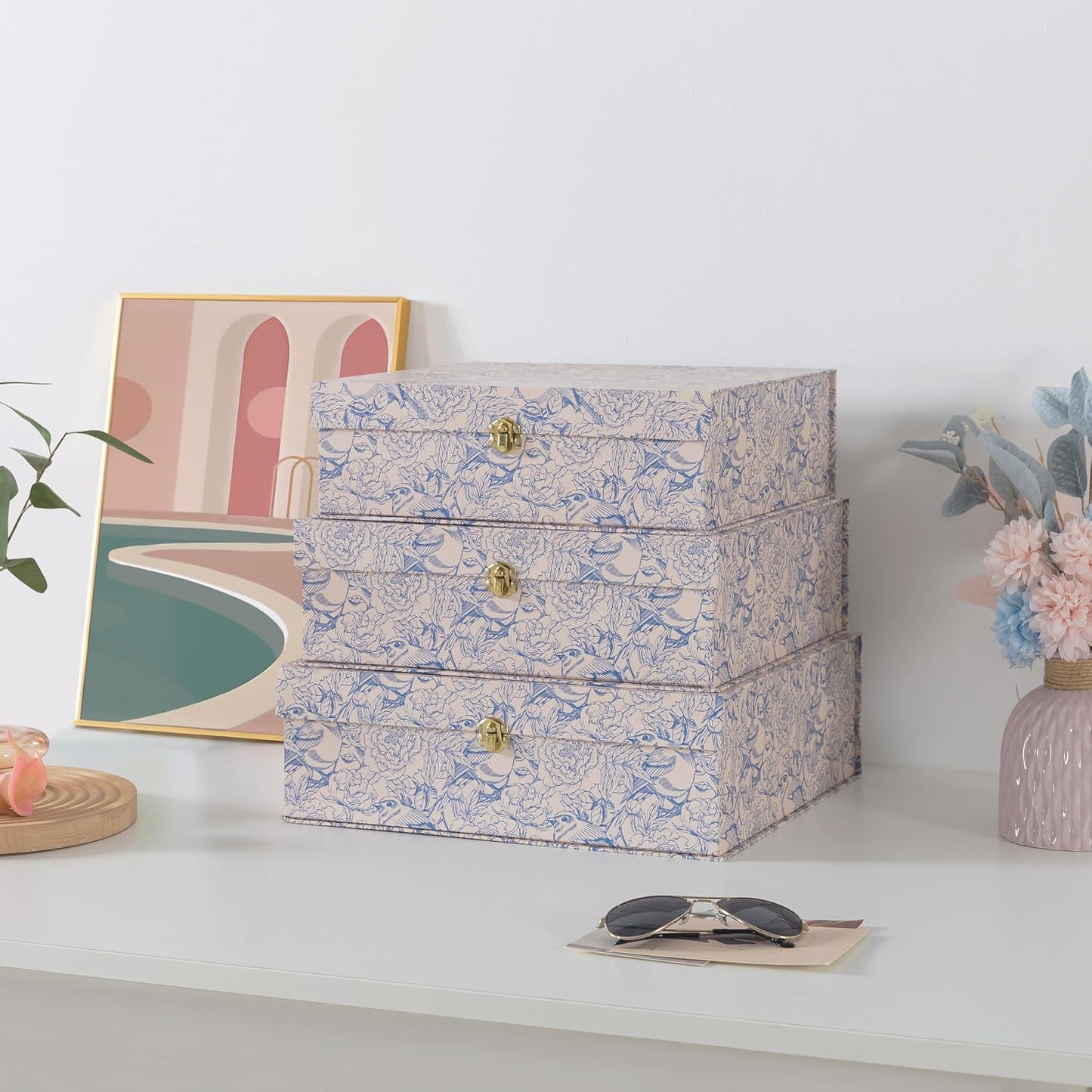 White Floral Cardboard Decorative Storage Boxes / Aviary Garden / Blue / Set of 3
