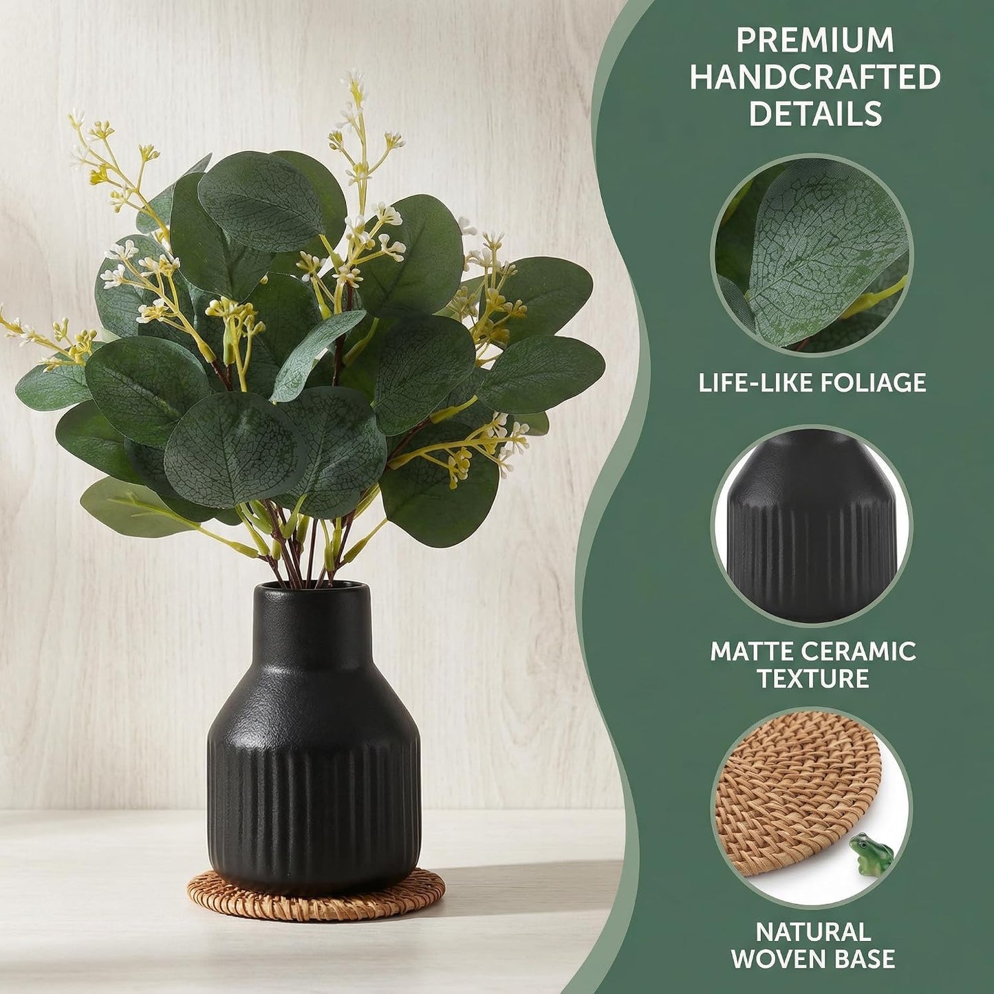 Artificial Eucalyptus Greenery Stems in Ceramic Vase / Black / Set of 10