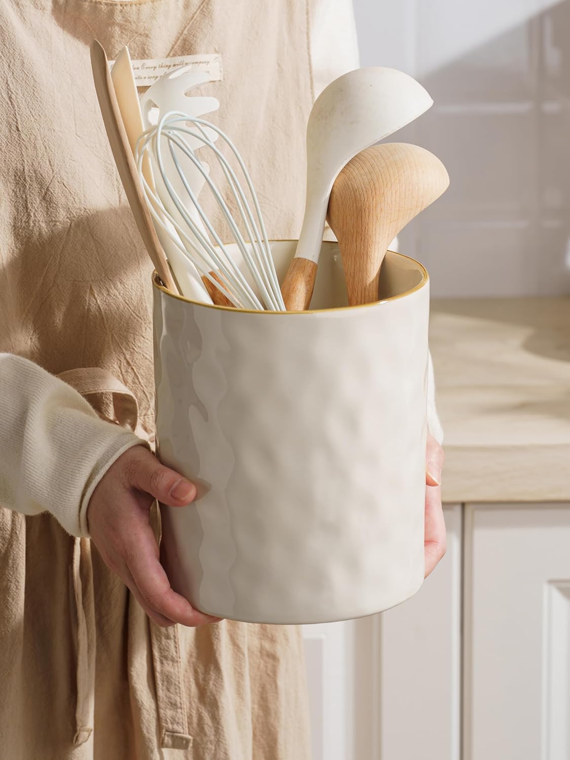 famiware Ceramic Utensil Holder, 7.2"+5.8", Set of 2, Vanilla White | Cooking Utensil Crocks, Organizer for Spatula &