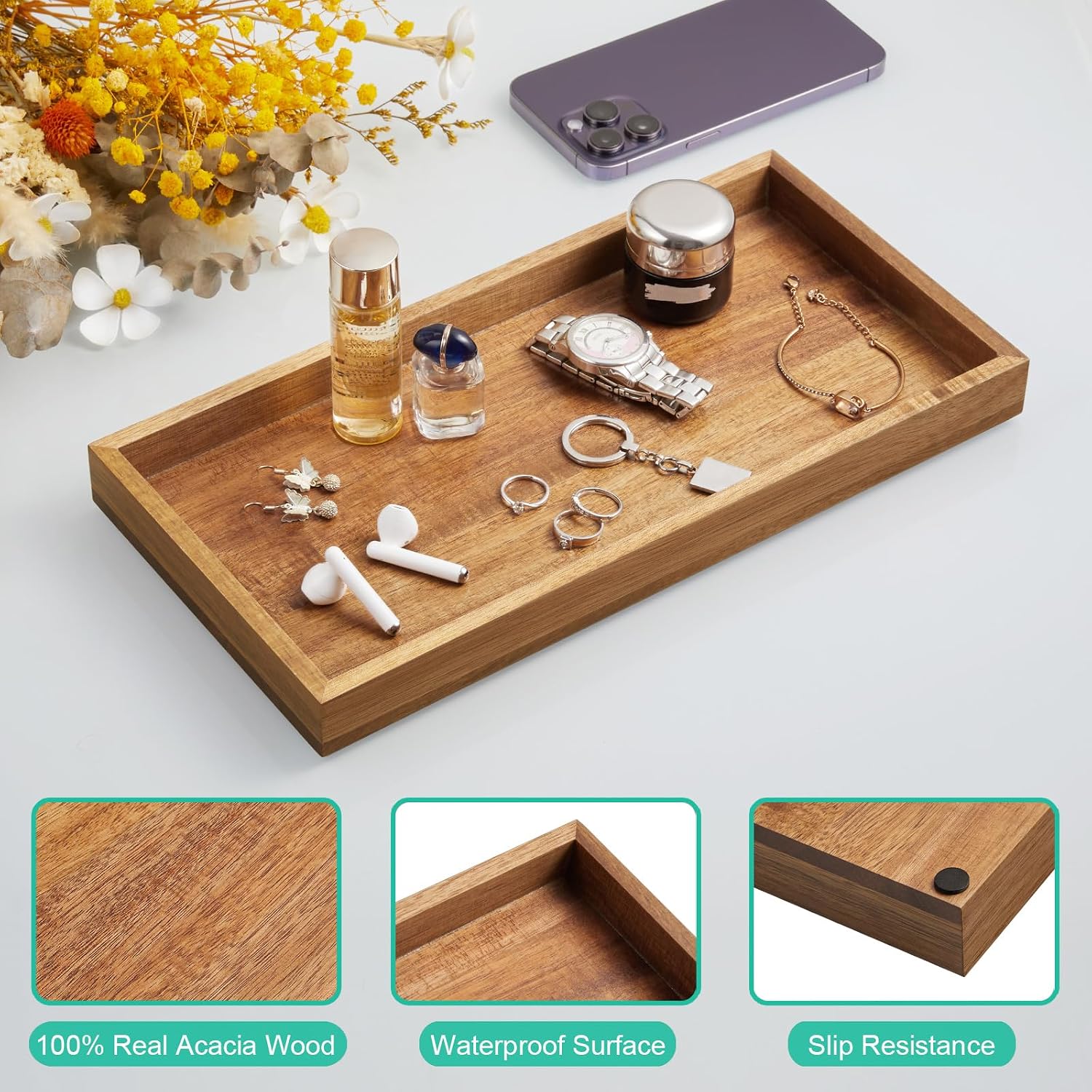 Wood Decorative Tray for Toilet Tank Makeup Perfume Jewelry / 6.5 x 1.2 x 13 / Acacia