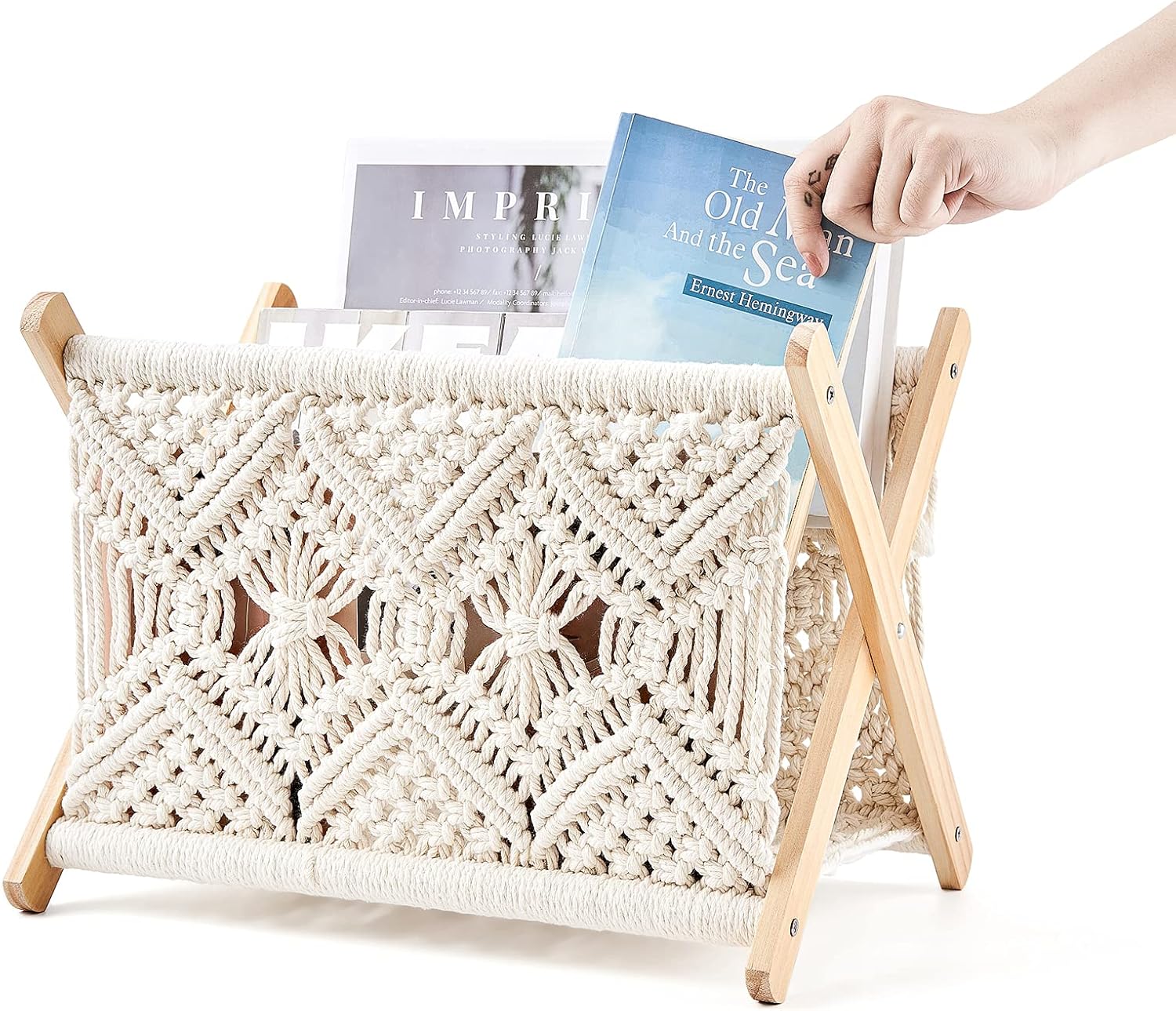Mkono Macrame Magazine Holder, Boho Woven Book Rack Basket, 14" L x 10" W | Boho Decor, Mail Paper Vinyl Storage