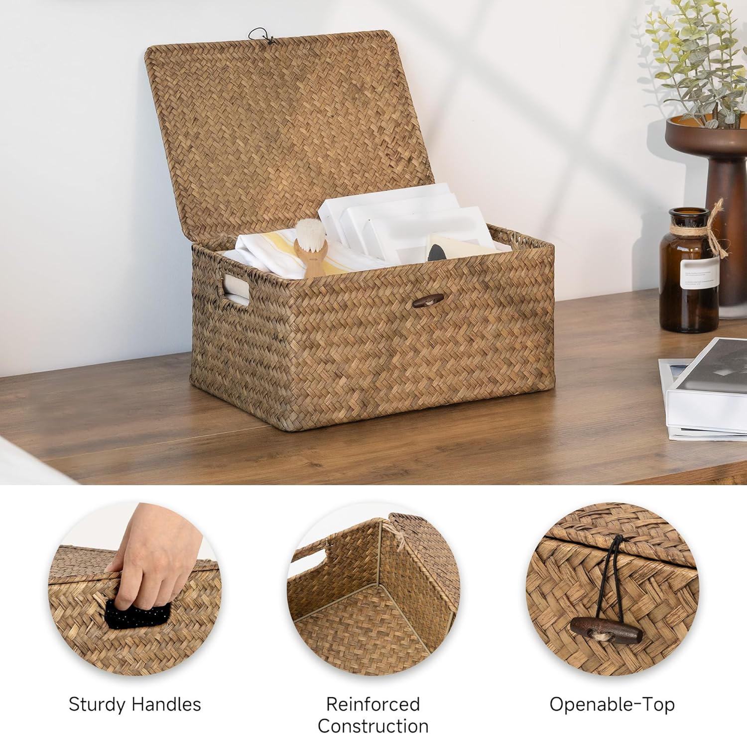 Wicker Baskets / Seagrass Storage Baskets / Brown / 15"L x 11"W x 7"H