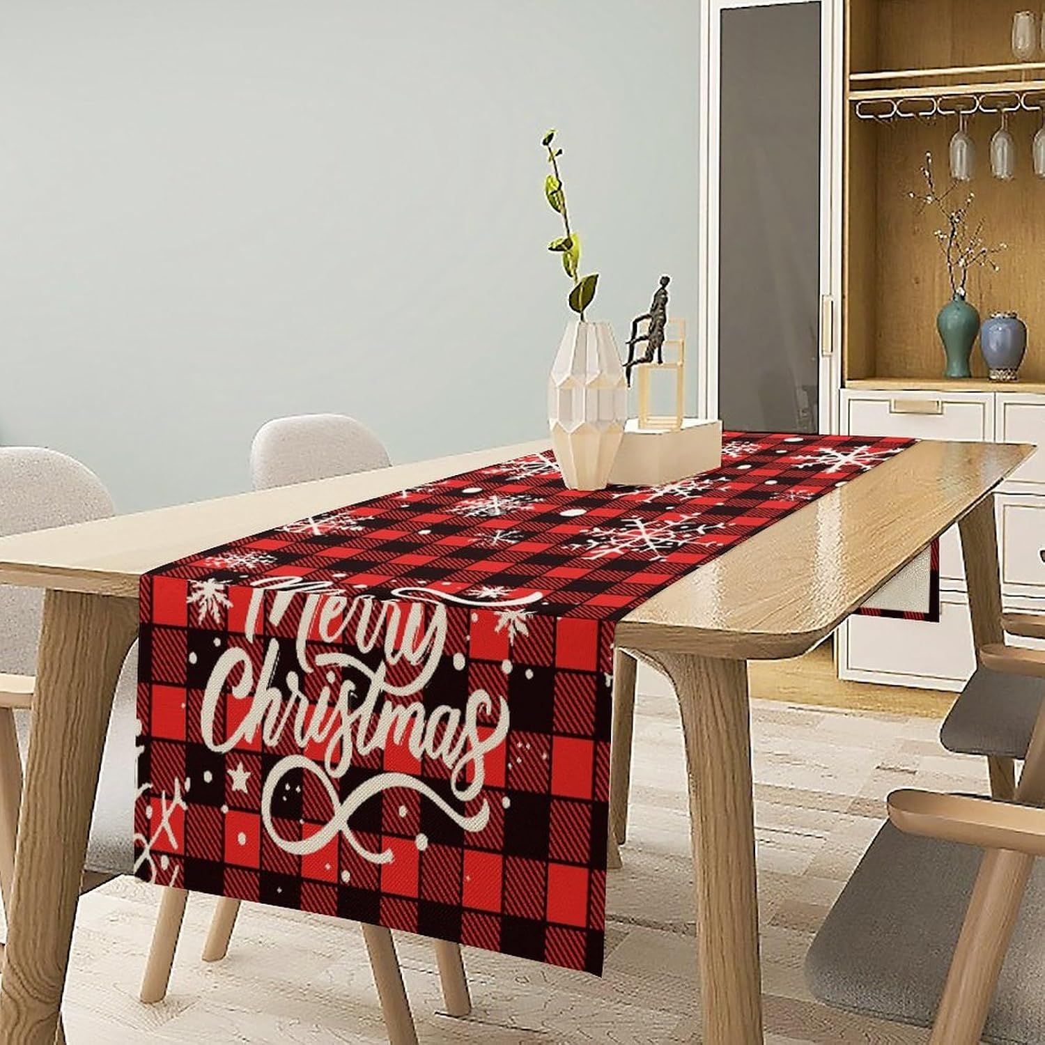 Xmas Linen Table Runner, Red and Black Buffalo Plaid Snowflake Merry Christmas Holiday Farmhouse Patterns Printed Linen