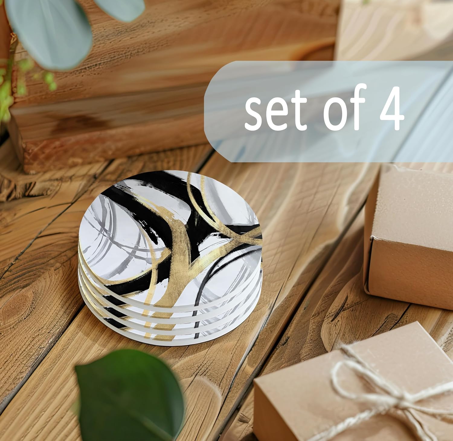 Modern Abstract Geometrical Ceramic Car Drink Coaster Cup Mat / Black and Gold / Set of 4