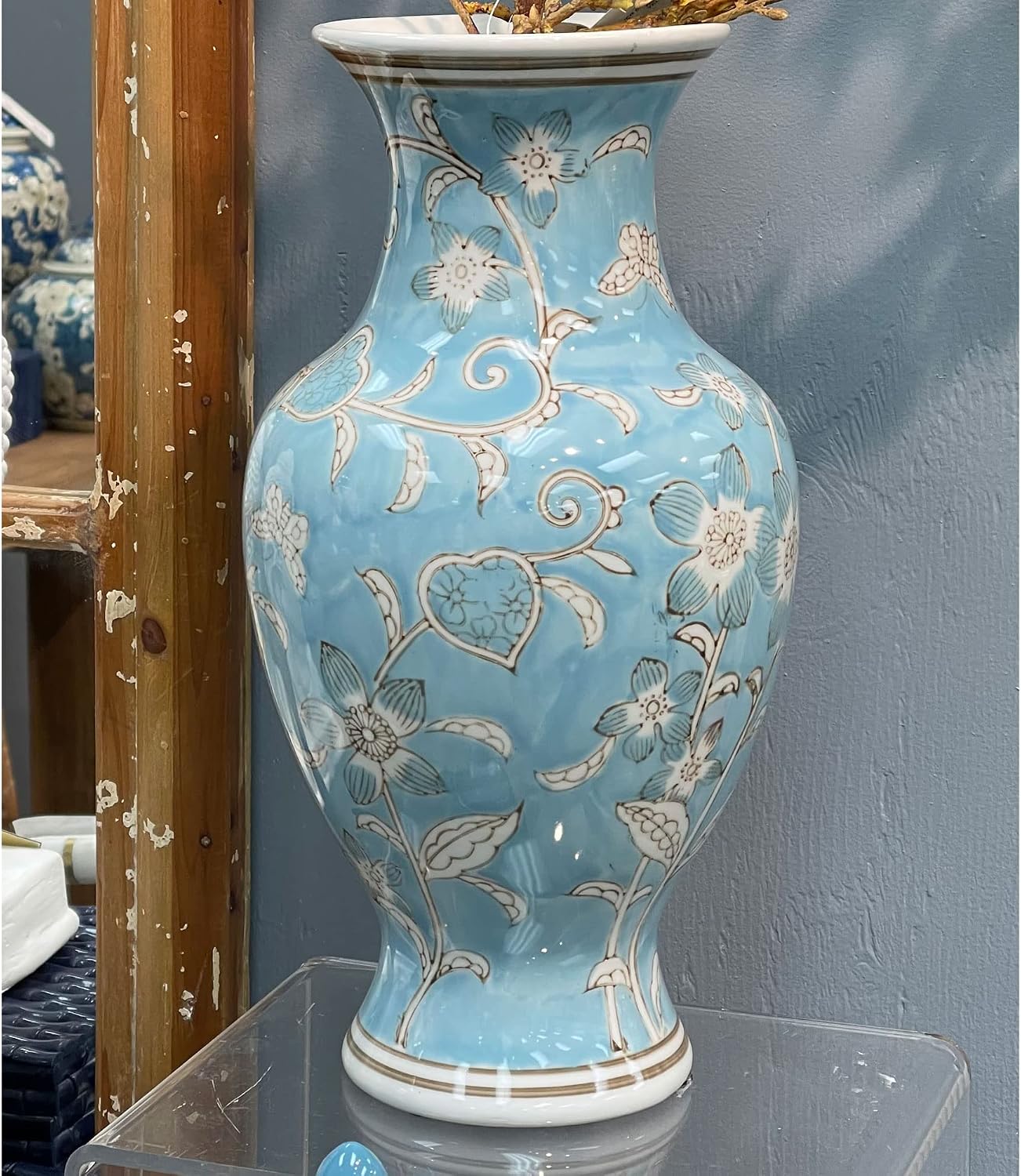 Light Blue and White Flower & Heart Chinoiserie Ceramic Vase 14"- Hand / Light Blue & White Flower
