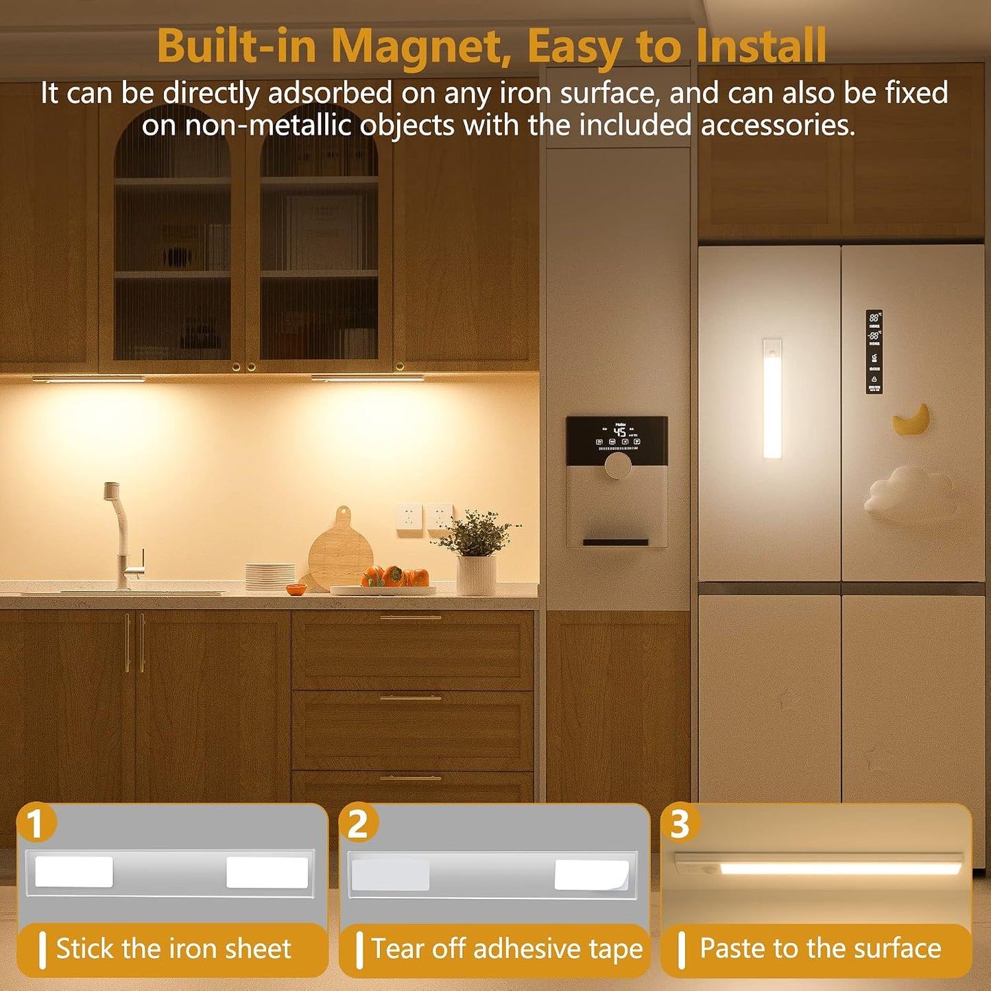 3 Pack Under Cabinet Lights, 32 LED Warm White Rechargeable Under Cabinet Lighting Motion Sensor LED Lights for