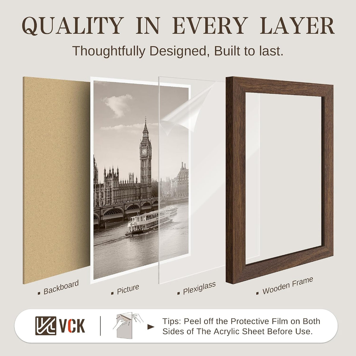 VCK 12x18 Frames Set of 6, Elegant Brown Wood Picture Frame | 1.1in Wide Border, Wall Hanging, HD Plexiglass
